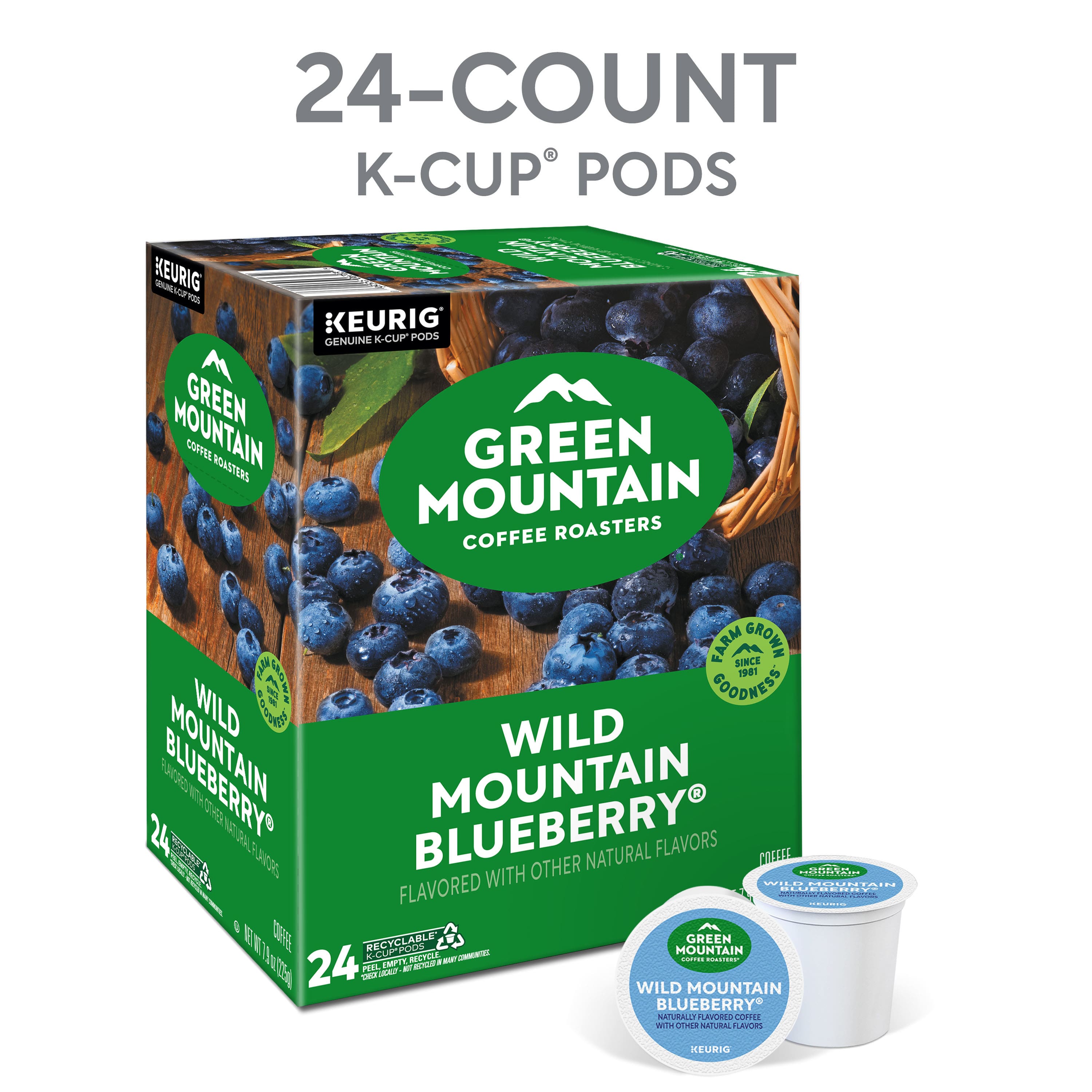 24-COUNT K-CUP PODS
KEURIG
GENUINE K-CUP PODS
GREEN MOUNTAIN COFFEE ROASTERS
FARM SINCE 1901
WILD MOUNTAIN BLUEBERRY
FLAVORED WITH OTHER NATURAL FLAVORS
24 PODS
RECYCLABLE
KEURIG