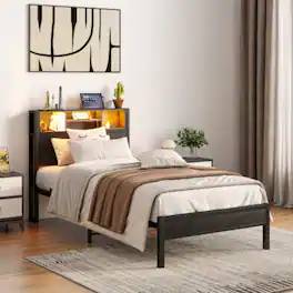 LUCKY ONE - Twin Size Bed Frame with Storage Headboard, Charging Station, Bookcase, LED Lights, Metal Platform, No Box Spring Needed - Black Brown
