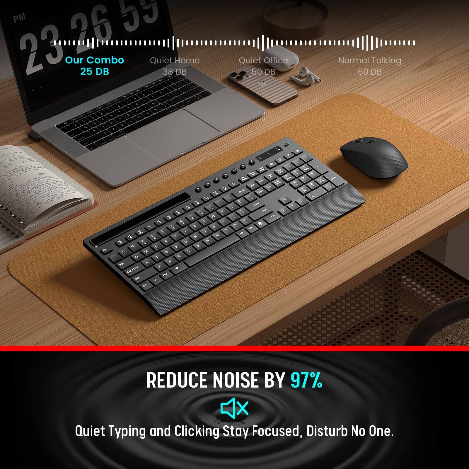 23:26:59 PM

Our Combo 25 DB

Quiet Home 38 DB

Quiet Office 50 DB

Normal Talking 60 DB

REDUCE NOISE BY 97%

Quiet Typing and Clicking Stay Focused, Disturb No One.