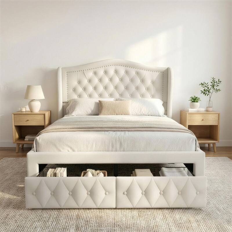 Angle. Dyonery - Upholstered Platform Bed Frame with 2 Storage Drawers & Crystal Button-Tufted Wingback Headboard, No Box Spring Needed - Beige.