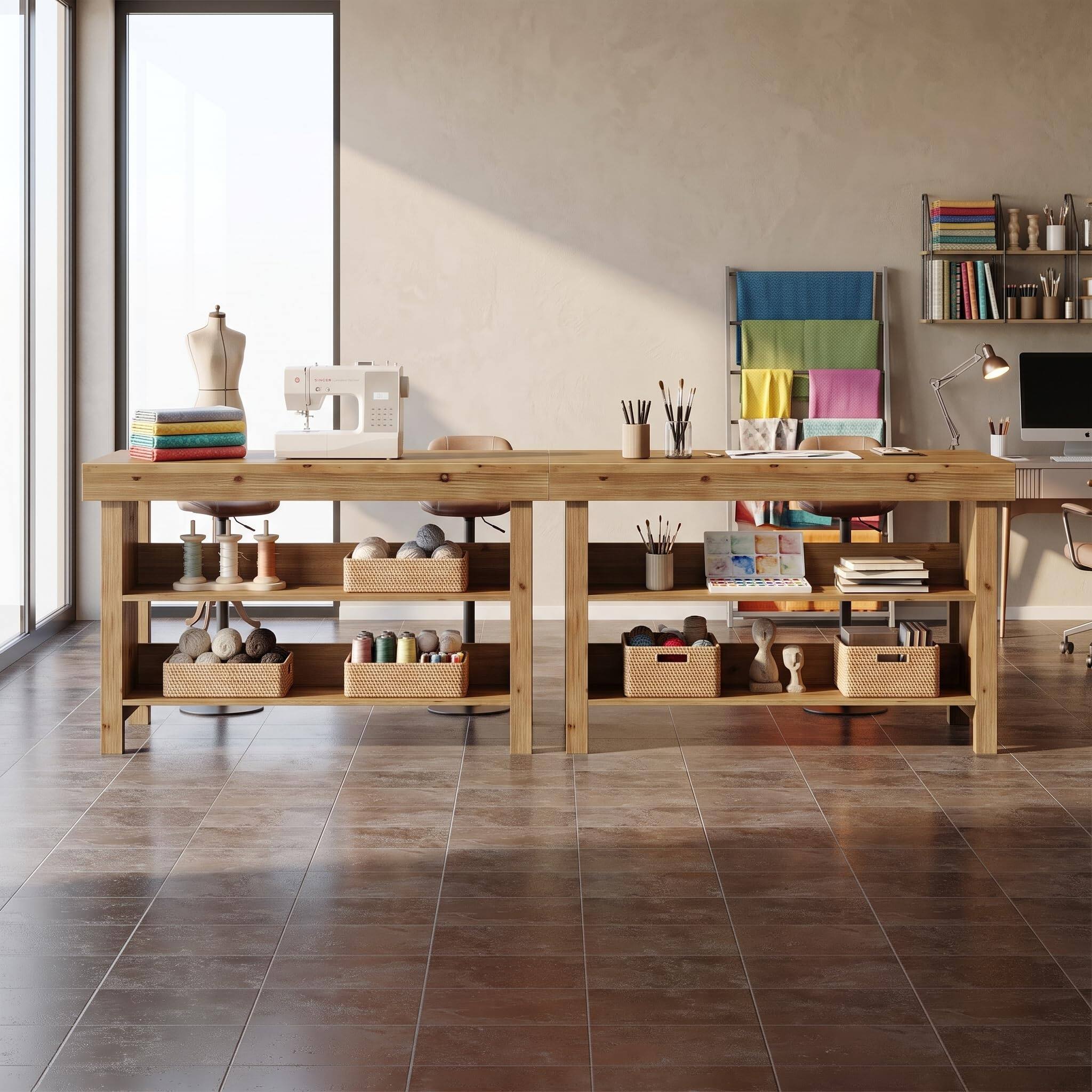Alt View 4. Tribesigns - Craft Art Table with Storage and Seating, Natural Solid Wood - Natural.