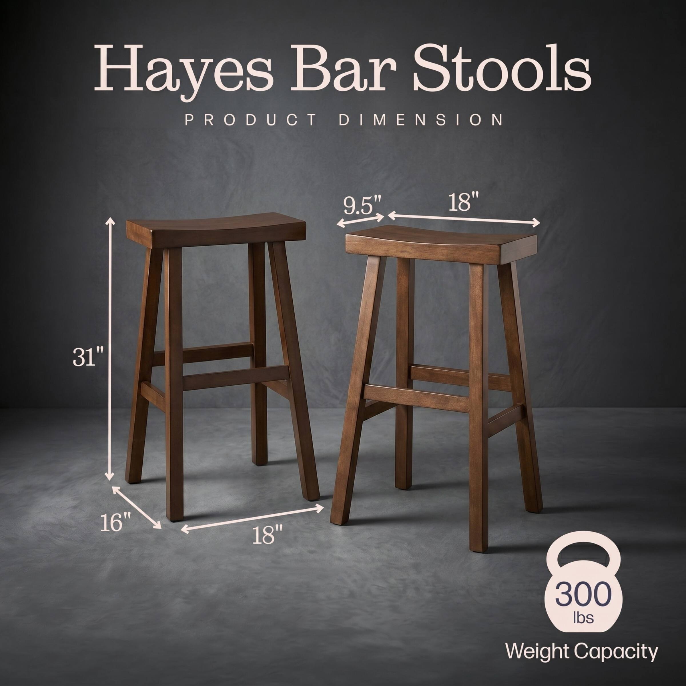 Hayes Bar Stools  
PRODUCT DIMENSION  
9.5" 18" 31" 16" 18"  
300 lbs Weight Capacity