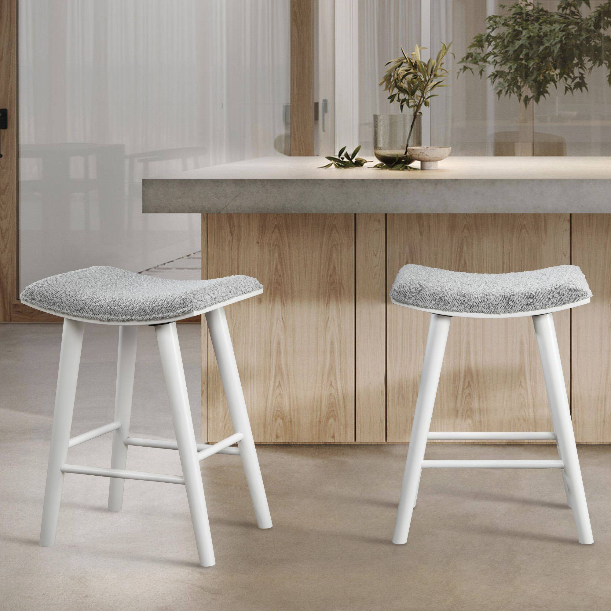 Angle. LuXeo - Luna 24 in. White Backless Wood Saddle Counter Stools with Gray Boucle Fabric Seat (Set of 2) - White/Gray.