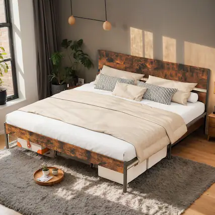 Front. Kadyn - Platform Bed Frame, Bedroom Bed Frame,Twin/Full/Queen/King Metal Bed Frame with Wooden Headboard and Footboard-King Size - Brown.