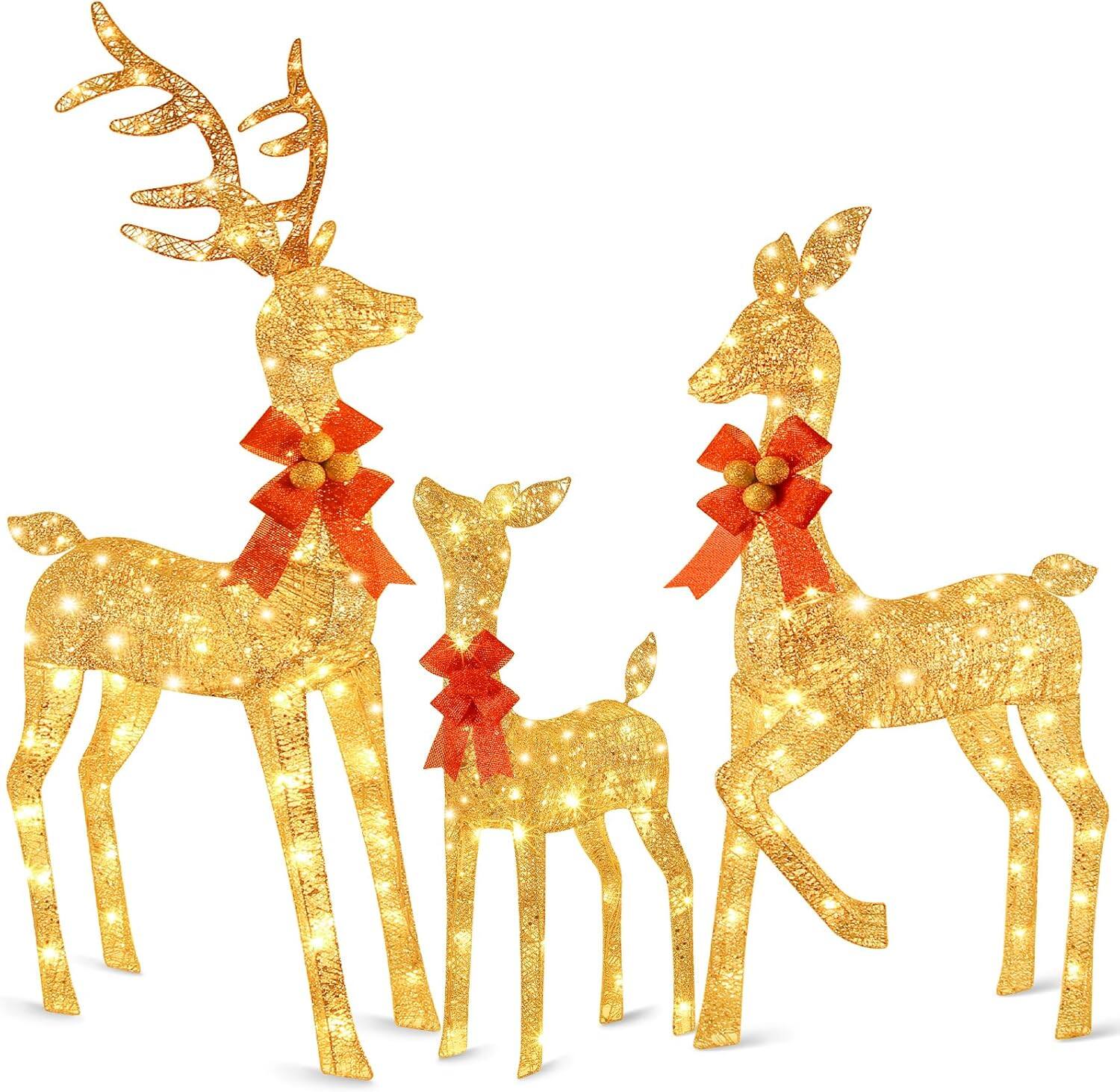 Front. Nordic Hygge - 3-Piece Large Lighted Christmas Deer Family Set, Outdoor 5FT Christmas Reindeer Holiday Yard Decoration - Gold.