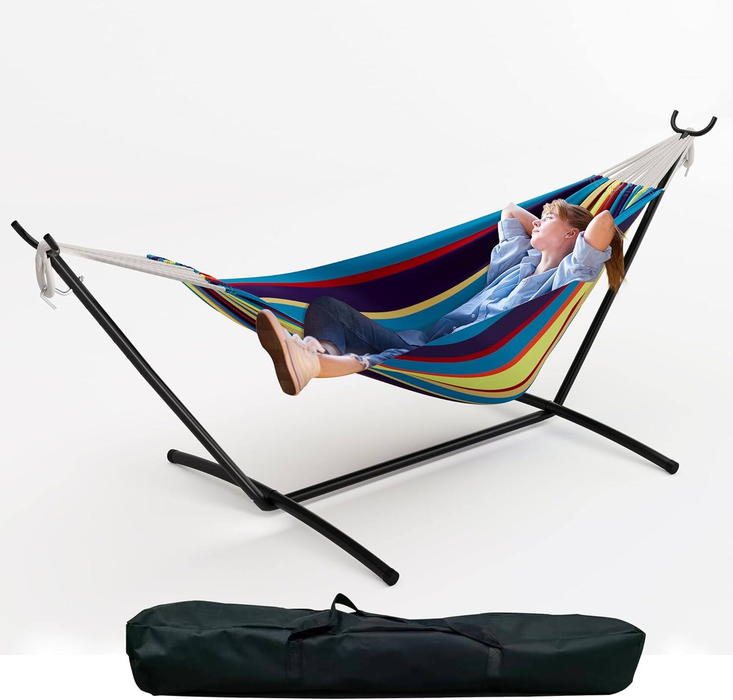 Alt View 2. Homhougo - Double Hammock w/Stand, 450 LB Capacity, Adjustable Double-Layer Design.
