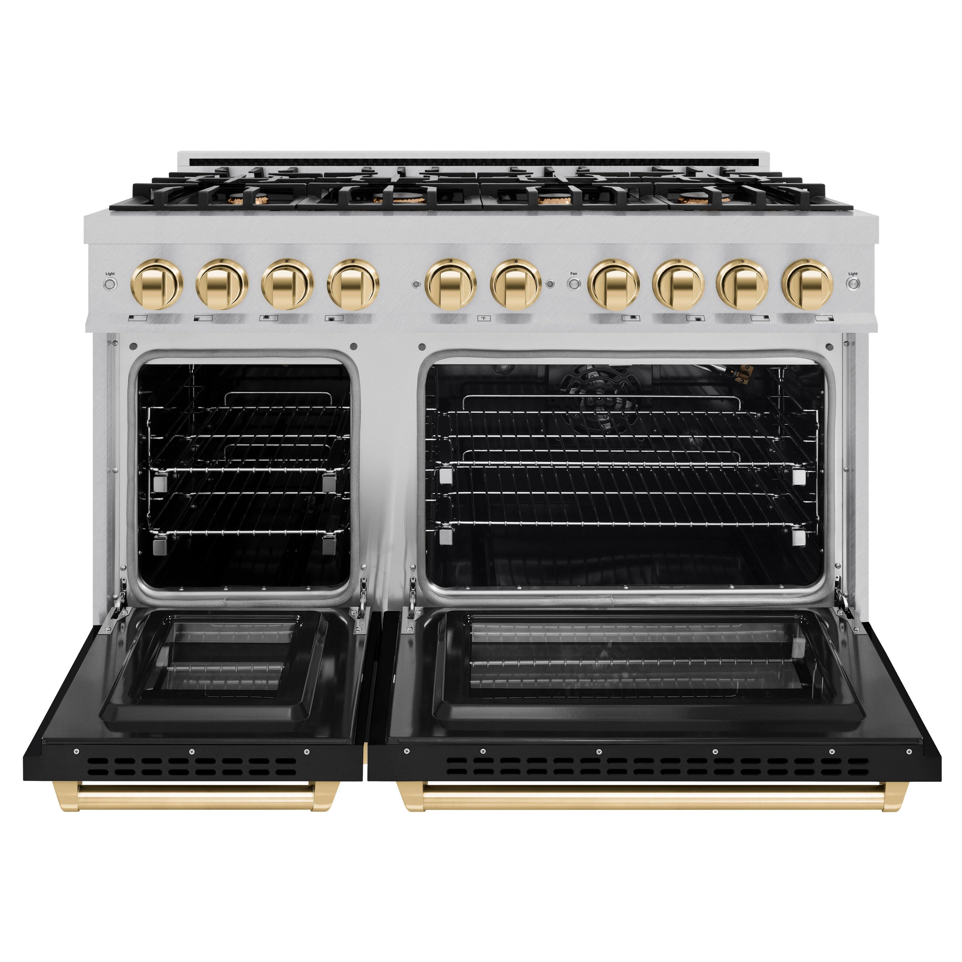 Left. ZLINE - ZLINE Autograph 48 in. 6.7 cu. ft. Freestanding Select Satin Steel Gas Range w/ Black Doors & Gold Accents - Satin Stainless Steel.