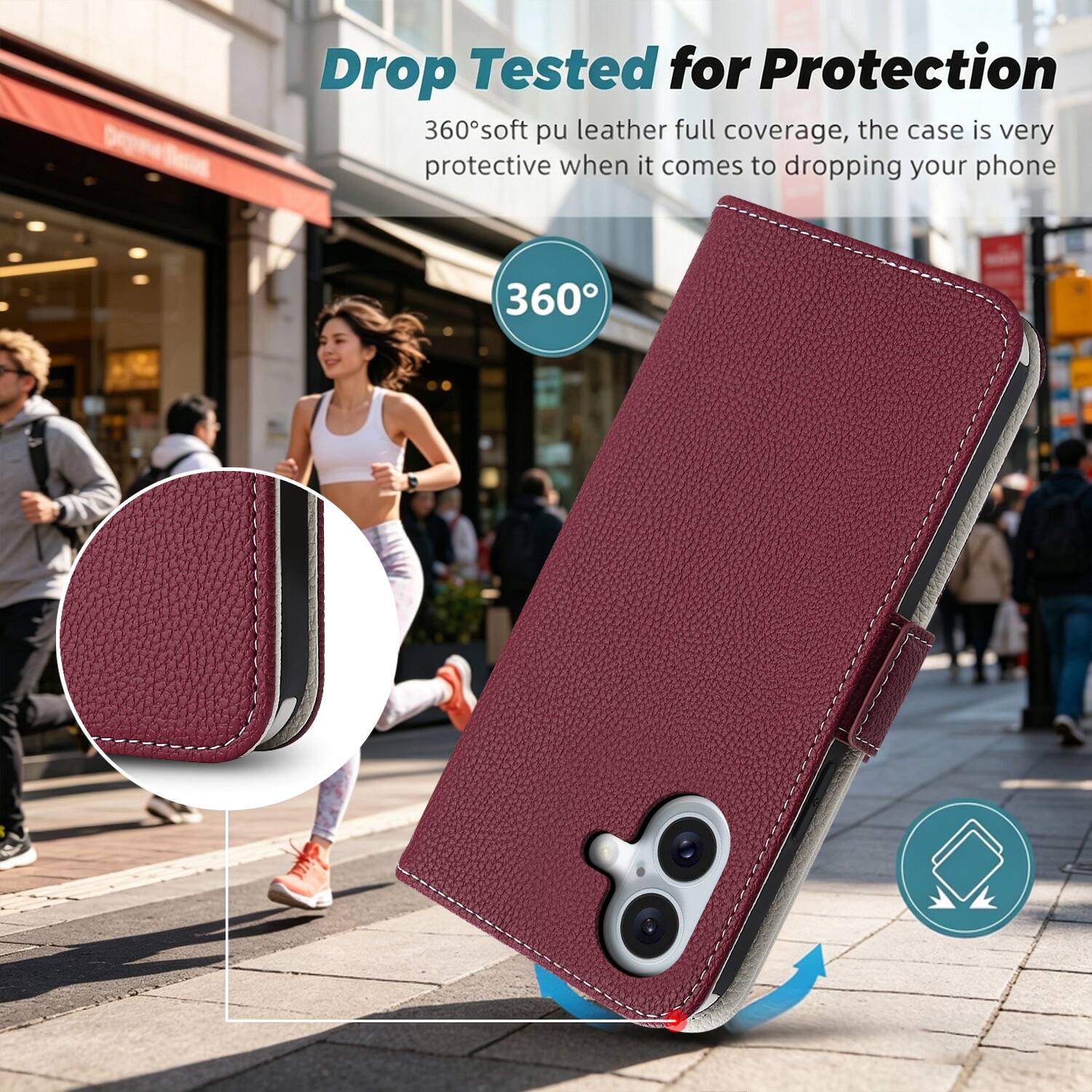 Drop Tested for Protection  
360° soft pu leather full coverage, the case is very protective when it comes to dropping your phone