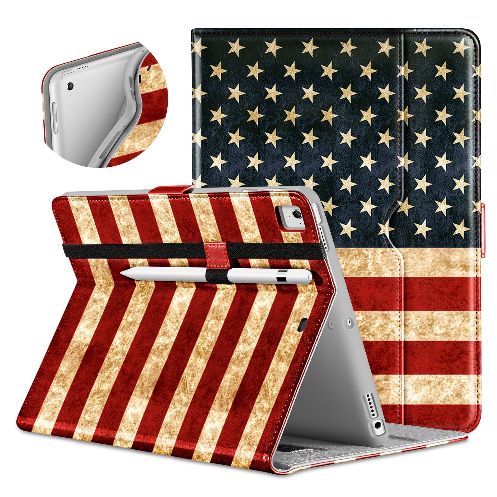 DTTO - for iPad 9.7 Inch 5th/6th Gen 2018/2017 Case with Apple Pencil Holder, Premium Leather Folio Stand Cover Case - US Flag