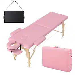 Winado - Portable Foldable Massage Table, 2-Fold Professional Massage Bed w/ Wooden Legs, Adjustable Height, Headrest, Carry Case - Pink
