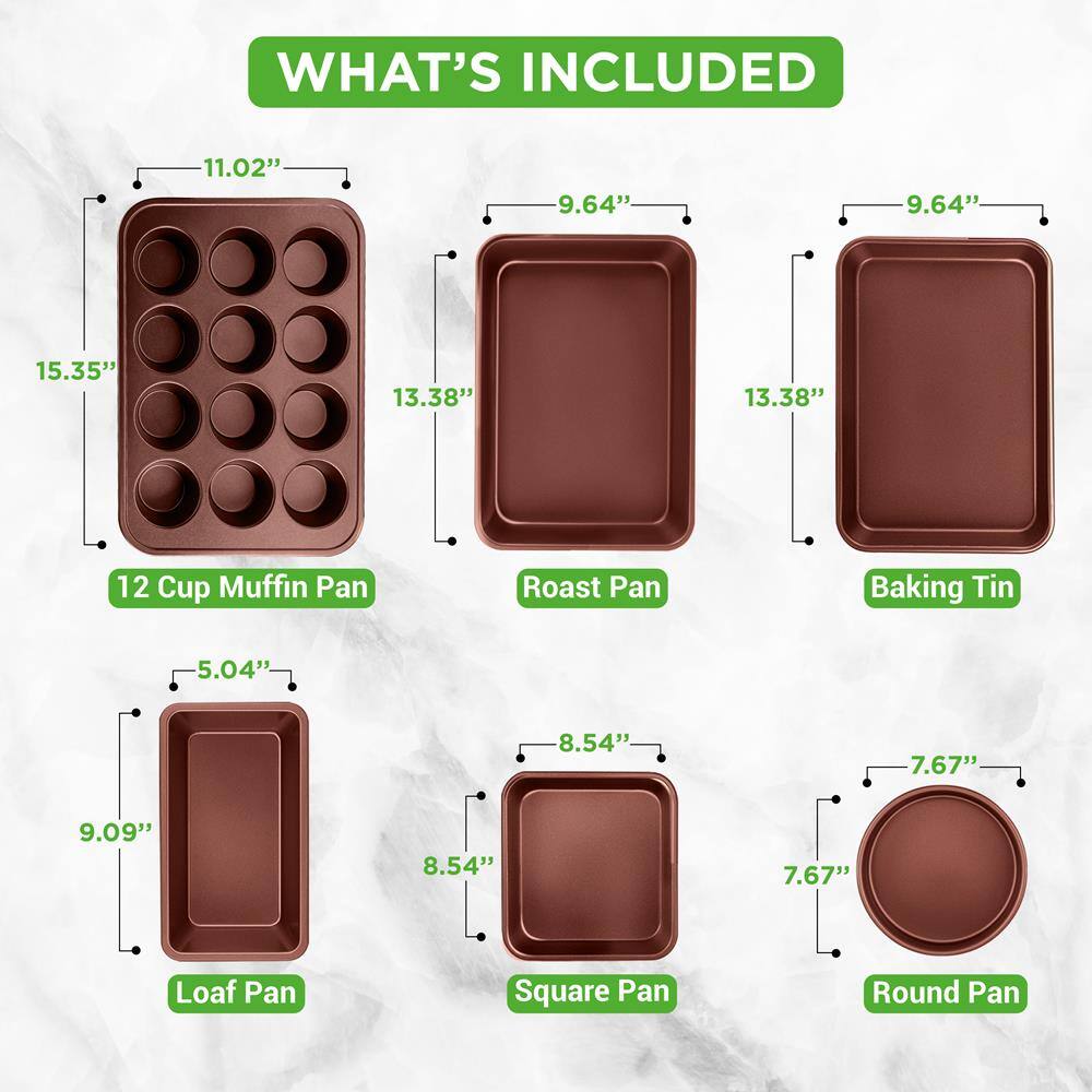 WHAT'S INCLUDED

- 12 Cup Muffin Pan: 15.35" x 13.38" x 11.02"
- Roast Pan: 13.38" x 9.64"
- Baking Tin: 13.38" x 9.64"
- Loaf Pan: 9.09" x 5.04"
- Square Pan: 8.54" x 8.54"
- Round Pan: 7.67" x 7.67"