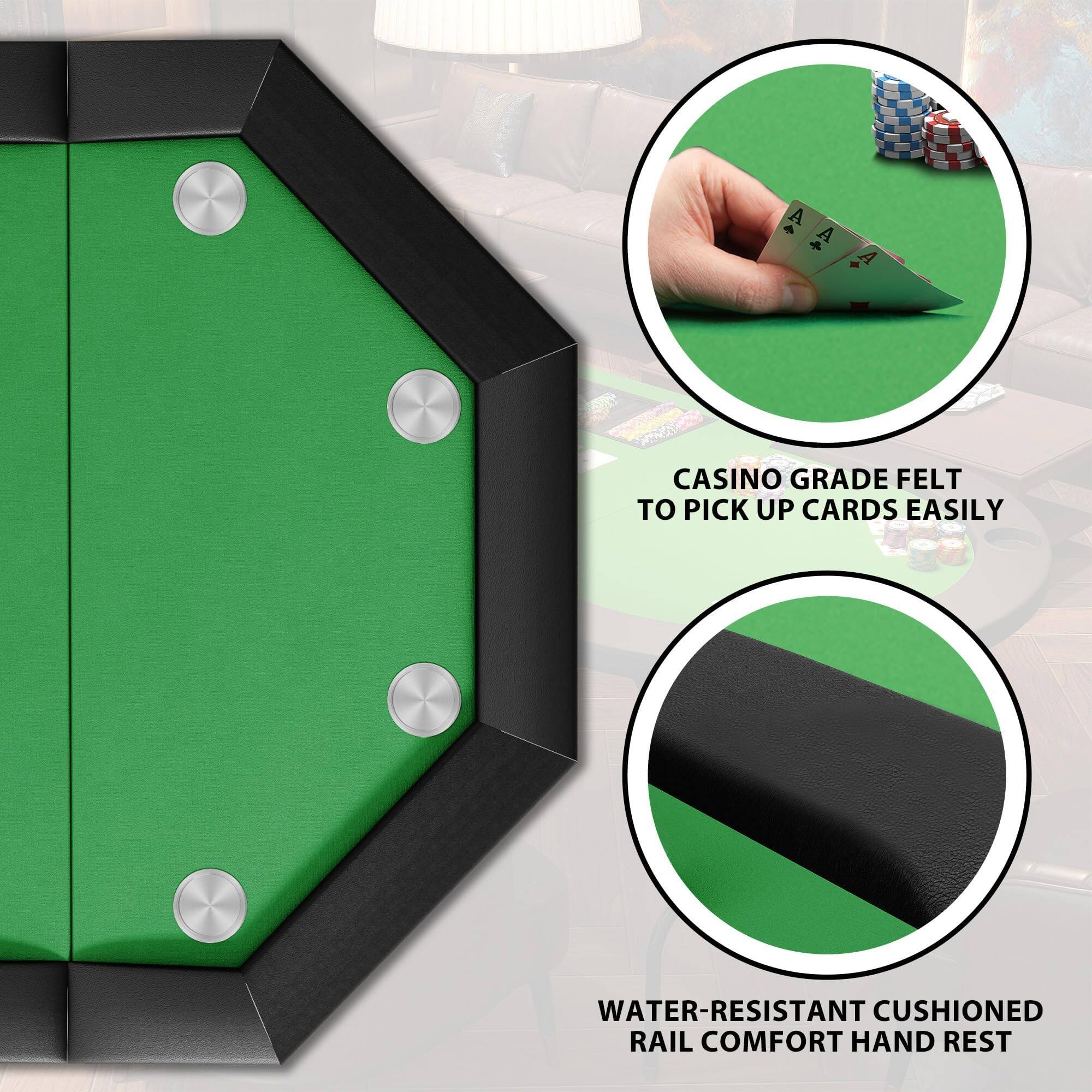 - CASINO GRADE FELT TO PICK UP CARDS EASILY
- WATER-RESISTANT CUSHIONED RAIL COMFORT HAND REST