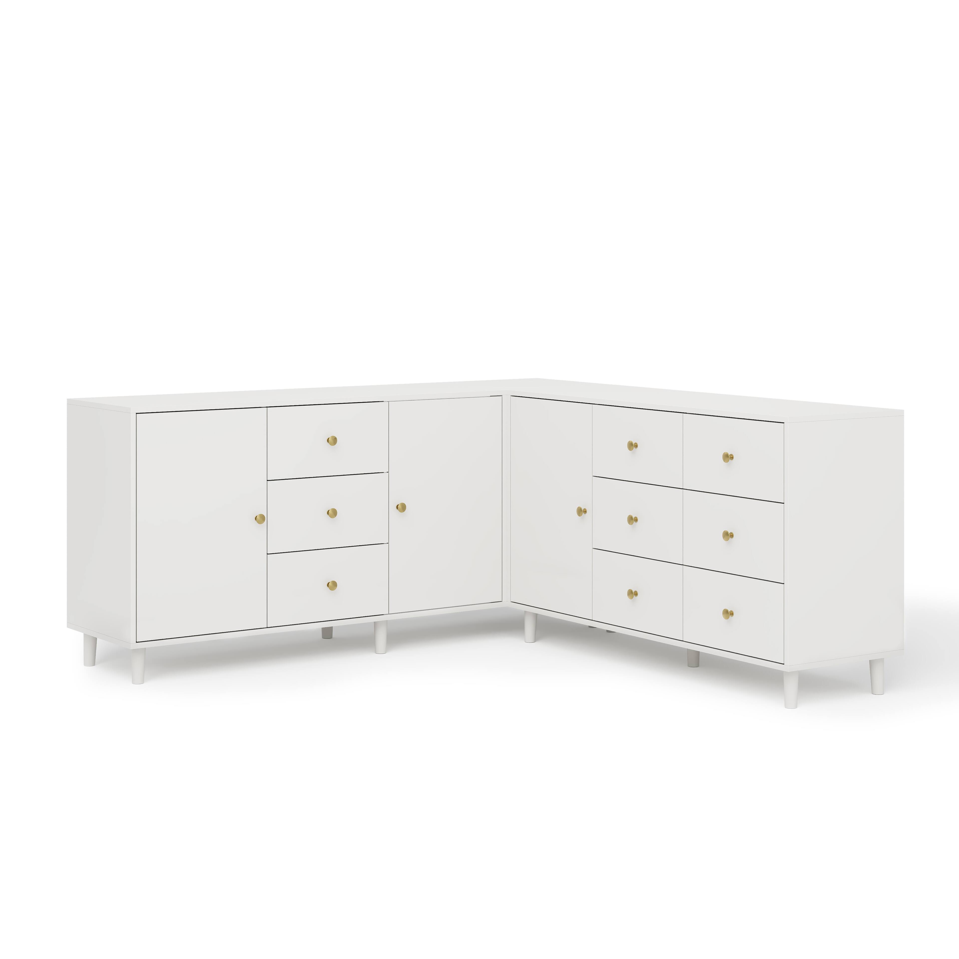 Left. Famapy - L-Shaped Corner Dresser with 9 Drawers & Cabinet Storage, Large Bedroom Organizer with Display Top - White.