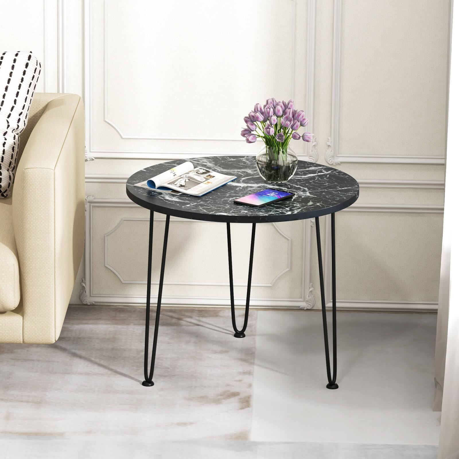 Alt View 11. Costway - Small Round Coffee Table w/ Thickened Tabletop & Metal Tripod Legs Faux Marble - Black.