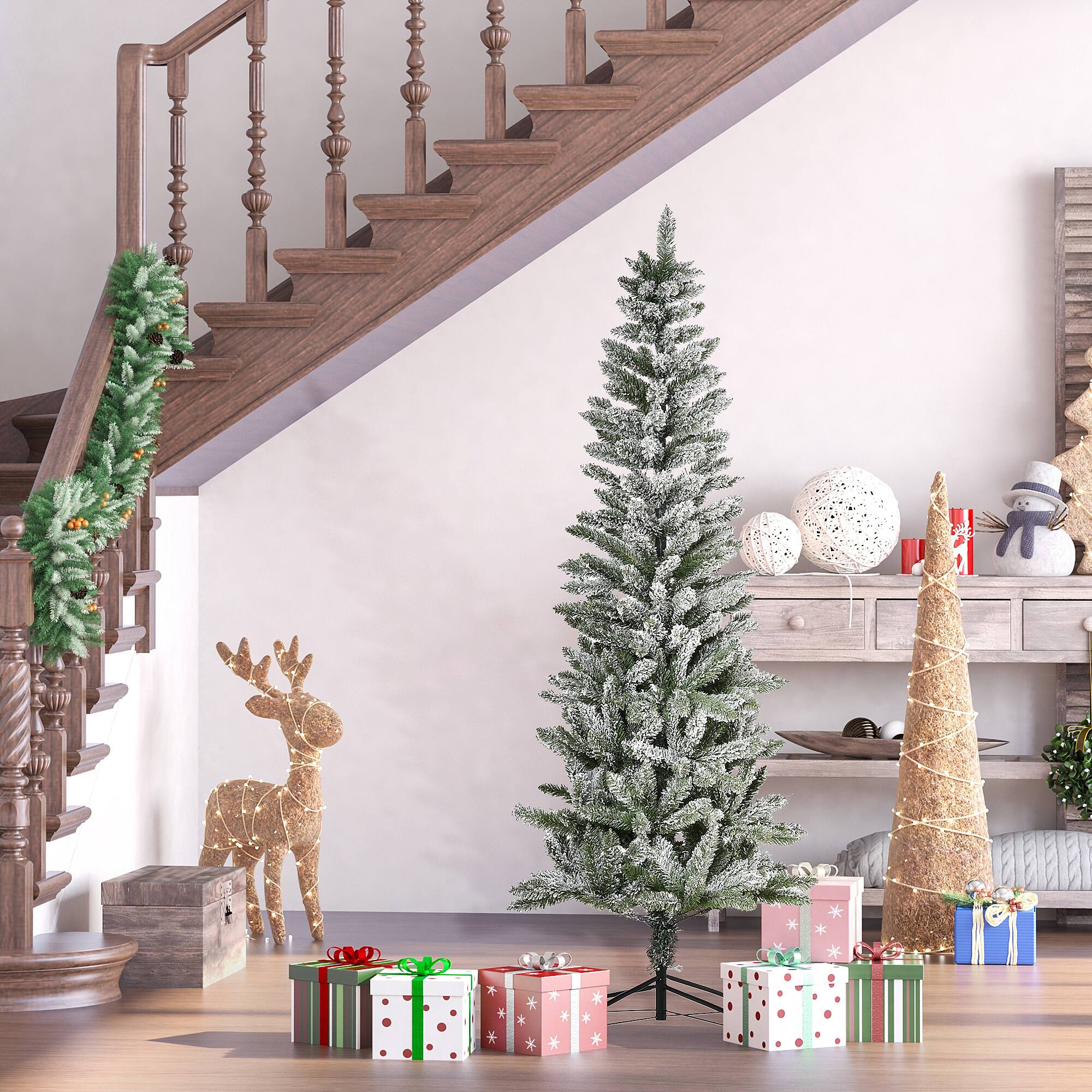 Alt View 1. Homcom - Unlit Snow-Flocked Slim Pine Artificial Christmas Tree with Realistic Branches and 394 Tips - Green.