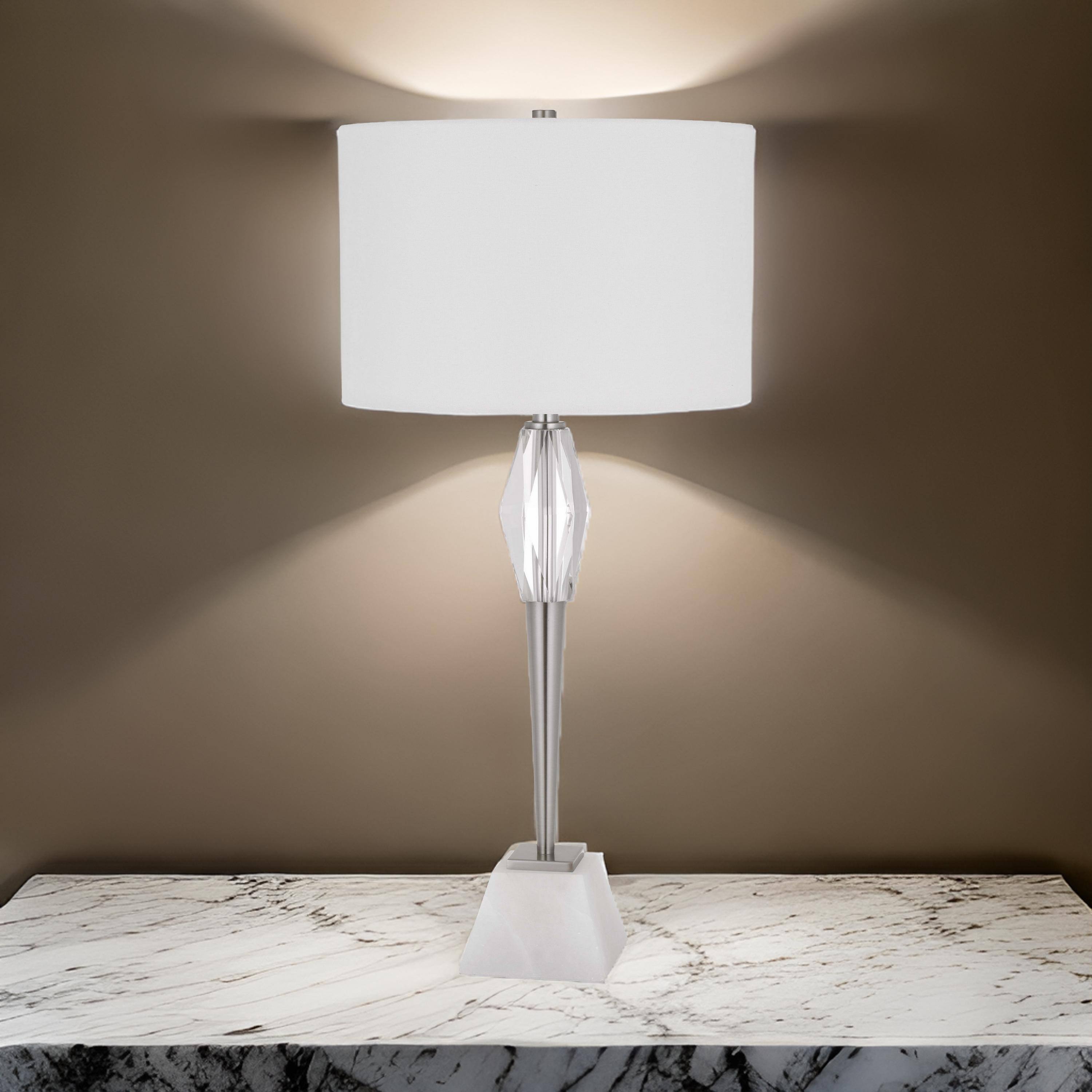 Alt View 2. Manhattan Lane - 32 Inch Table Lamp with Drum Shade, Marble Base, Brushed Steel - Chrome, White.