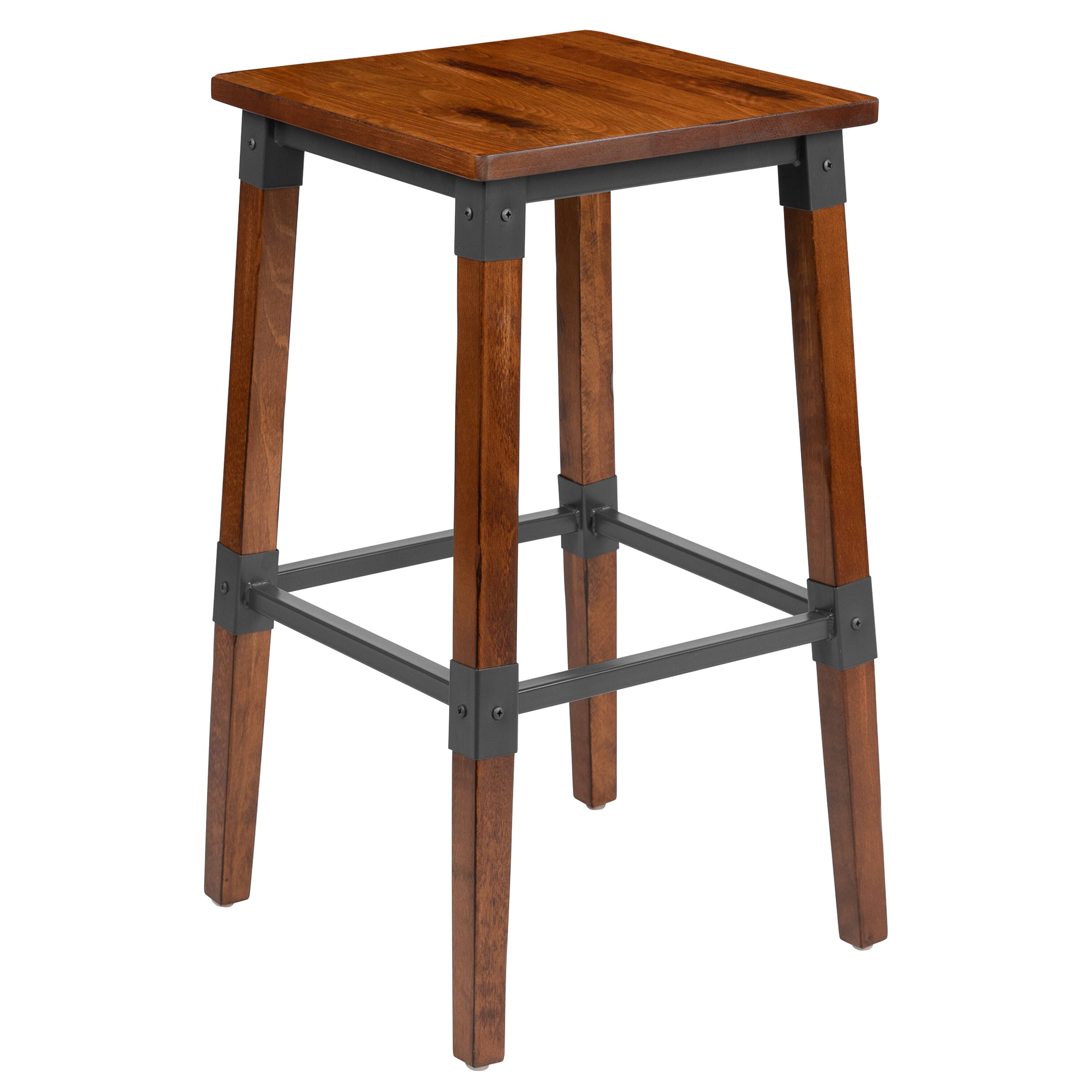 Alt View 9. Emma + Oliver - 4 Pack Commercial Grade Rustic Industrial Style Backless Wood Barstool - Walnut.