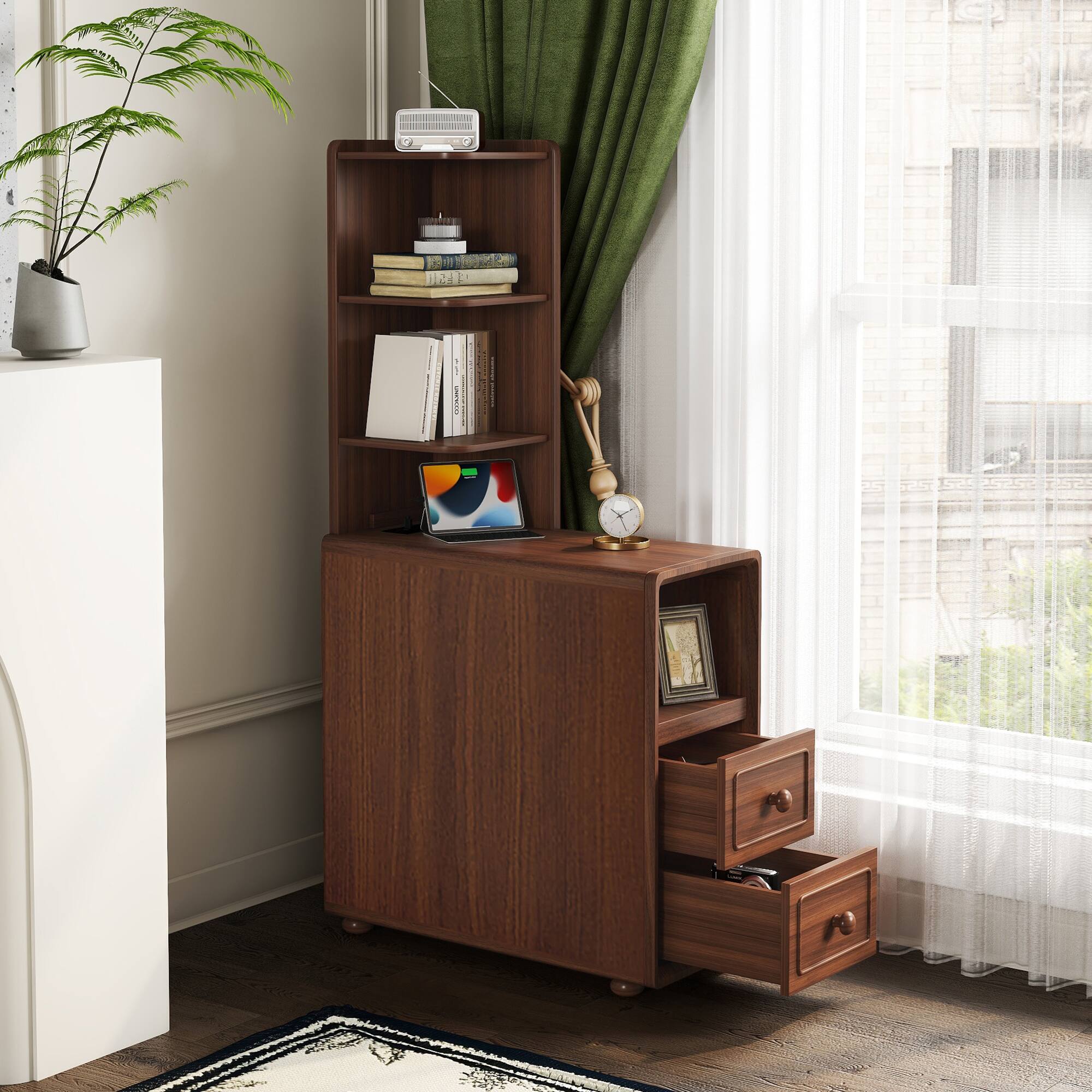Angle. Spaco - Spaco Nightstand 2 with Drawers and Open Shelves, Corner Table, Tall End Table for Small Spaces, Bedroom - Walnut.