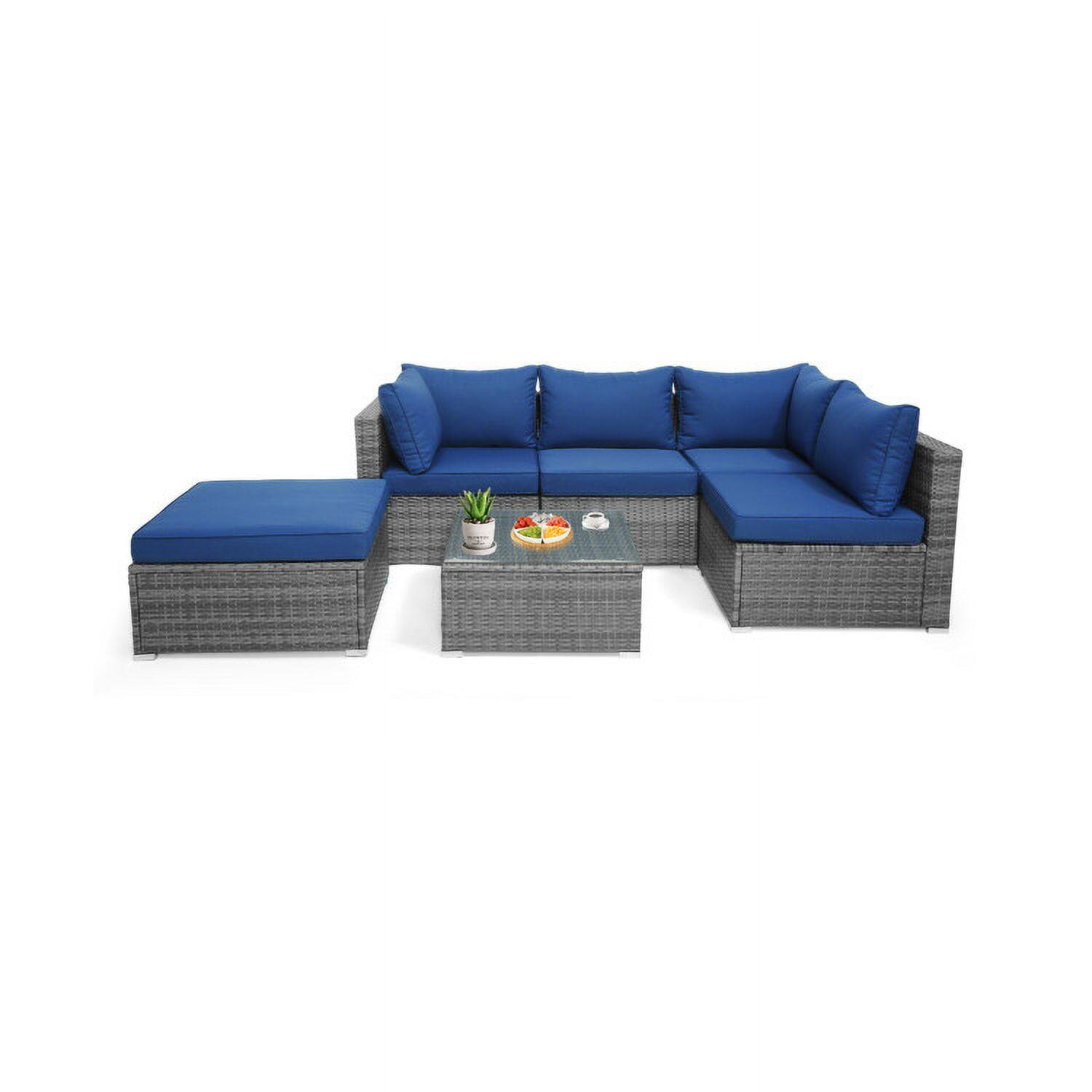 Alt View 1. Kadyn - 6 Pcs Outdoor Rattan Sofa Set with Seat and Back Cushions-Navy, Patio Seating Conversation - Blue.
