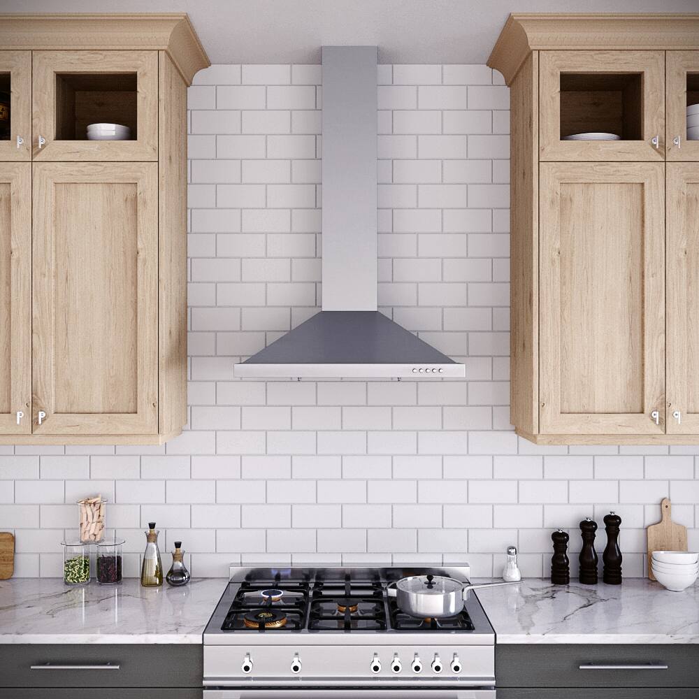 Left. Streamline - 30 in. Fermi Ducted Wall Mount 220 CFM Range Hood, Baffle Filters, Push Button Control, LED Light - Brushed Stainless Steel.