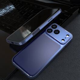 Dteck - Ultra-Thin PU Leather Texture Case for Apple iPhone 17 Pro, Metal Rugged Protective Cover, Precision Camera Cutouts - Blue