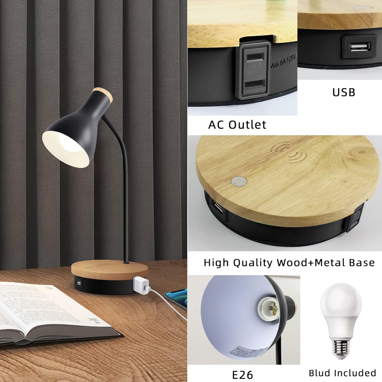 8A 125V Max USB AC Outlet  
High Quality Wood+Metal Base  
E26 Bulb Included