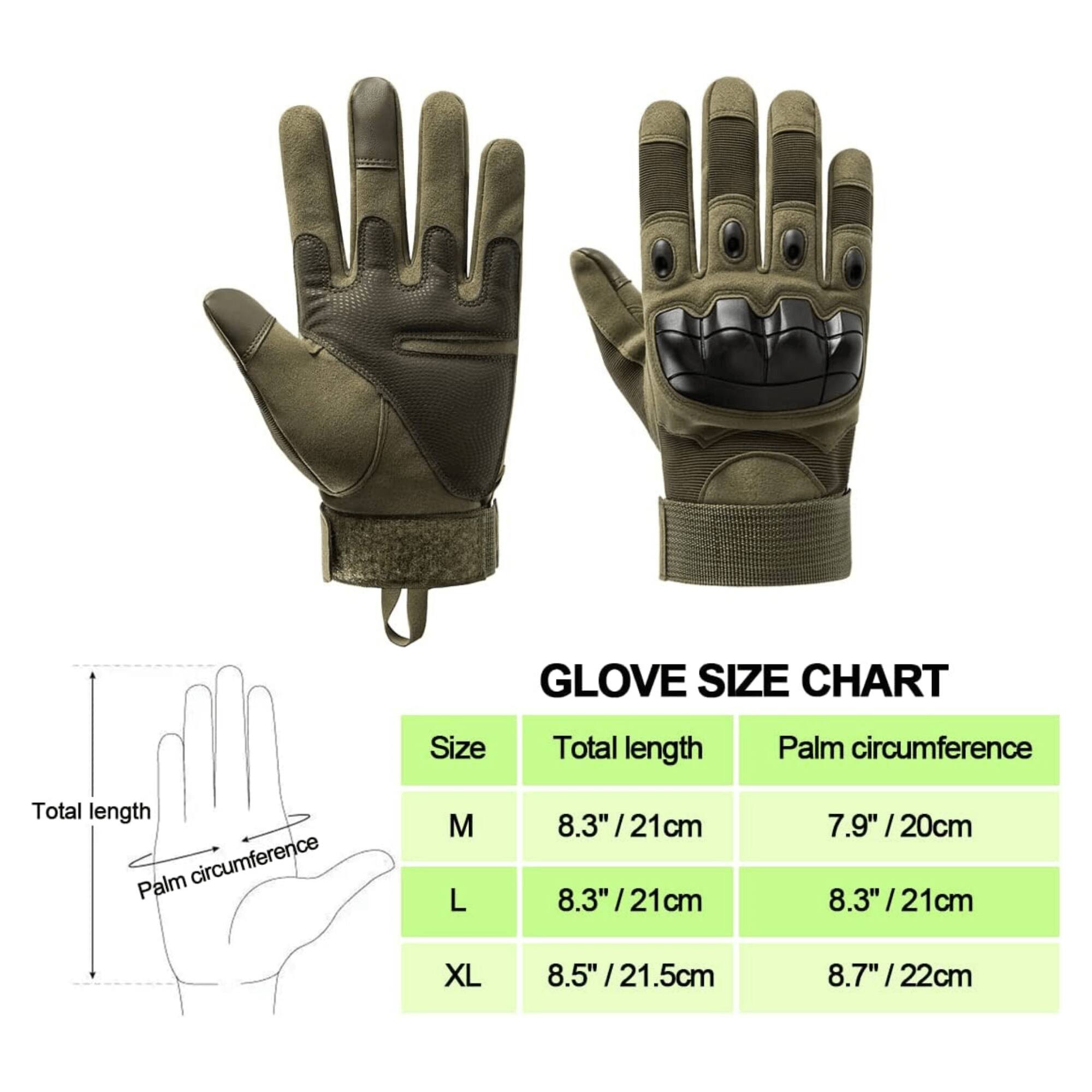 GLOVE SIZE CHART

| Size | Total length | Palm circumference |
|------|-------------|-------------------|
| M    | 8.3" / 21cm  | 7.9" / 20cm        |
| L    | 8.3" / 21cm  | 8.3" / 21cm        |
| XL   | 8.5" / 21.5cm| 8.7" / 22cm        |