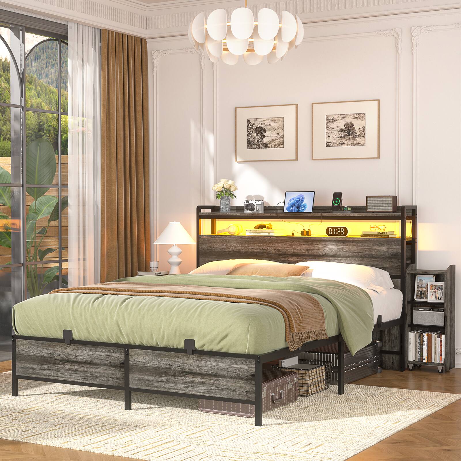 Alt View 3. Aheaplus - Full Size Bed Frame with Storage Headboard, Platform Bed Frame with Outlets, LED Light, and 2 Side Sliding Cabinets - Gray Oak.