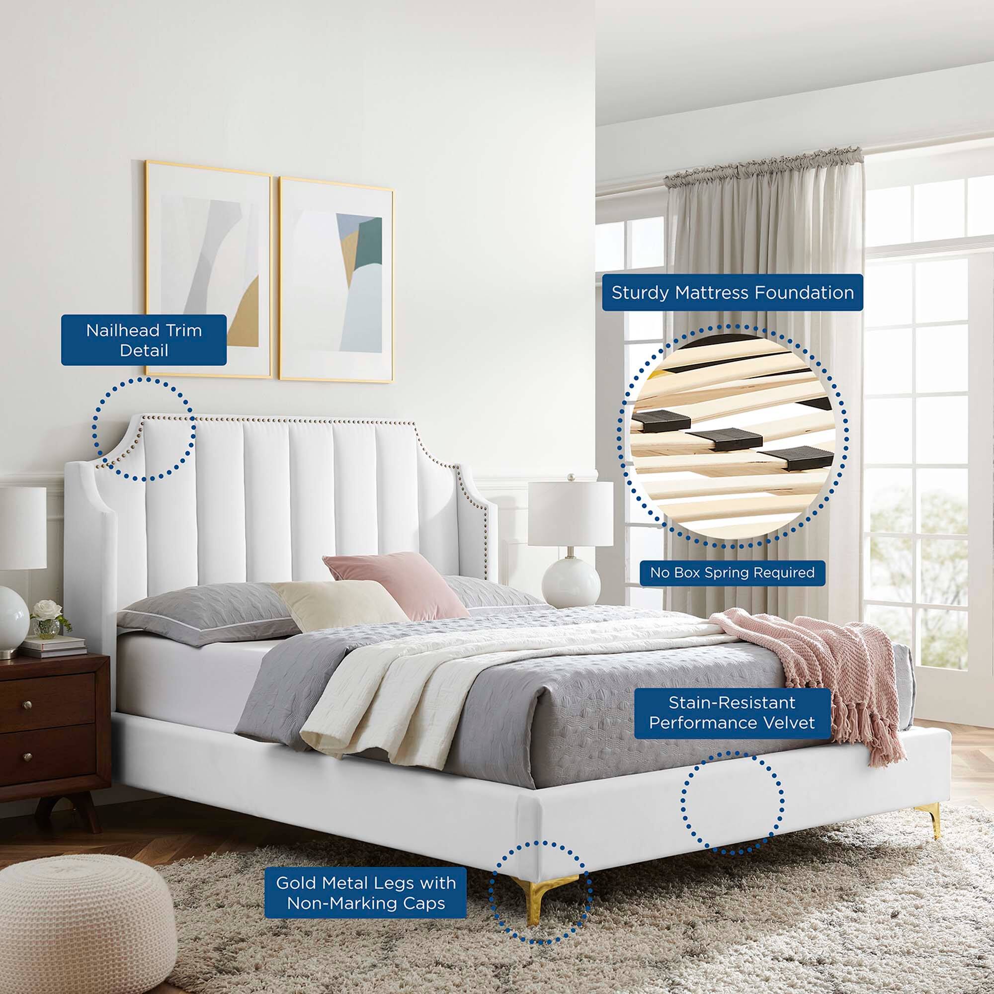 - Nailhead Trim Detail
- Sturdy Mattress Foundation
- No Box Spring Required
- Stain-Resistant Performance Velvet
- Gold Metal Legs with Non-Marking Caps