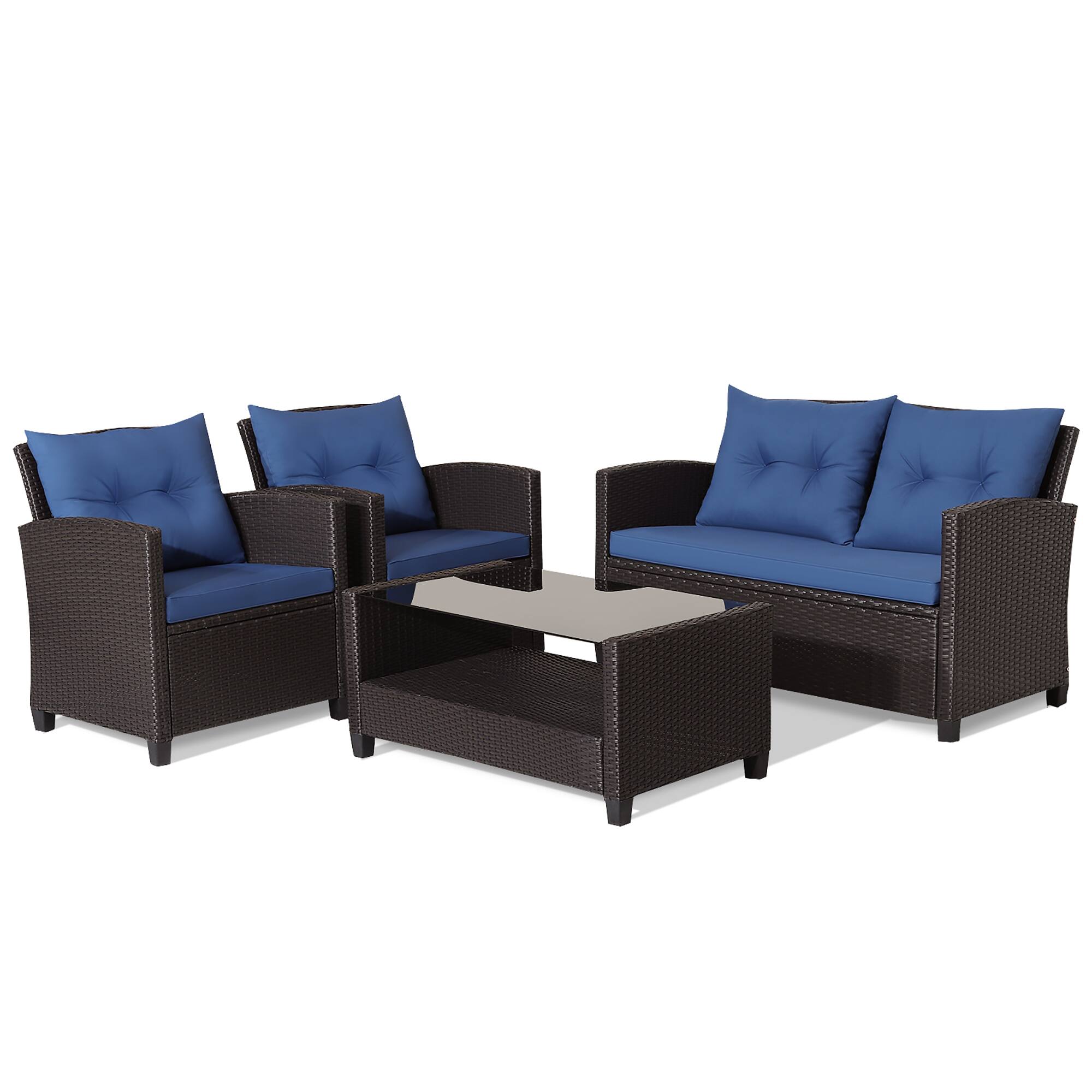 Alt View 9. Gymax - Gymax 8PCS Outdoor Conversation Set Patio PE Rattan Set w/ Glass Table & Sofa Cushions Navy - Navy.
