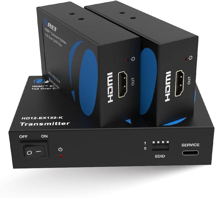 The text on the image can be grouped and corrected as follows:
- **Product Name:** HD12-EX132-K Transmitter HDMI
- **Model:** HD12-EX132-K
- **Features:**
- 1x2 Over CAT70m Splitter
- PD12EX122K Receiver HDMI
- 1x2 Over CAT
- **Ports:** HDMI IN, HDMI OUT
- **Controls:**
- Power Switch (OFF/ON)
- Service Button
- EDID Button
- **Specifications:**
- HDMI Extender Splitter
This text describes the features and specifications of the HDMI extender splitter device shown in the image.