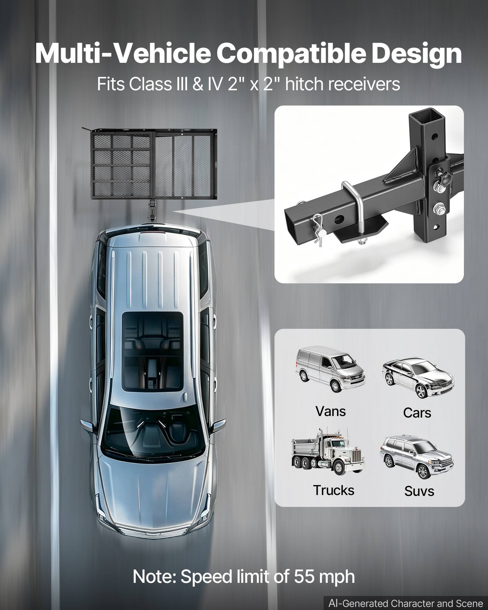 Multi-Vehicle Compatible Design  
Fits Class III & IV 2" x 2" hitch receivers  

Vans  
Cars  
Trucks  
SUVs  

Note: Speed limit of 55 mph  

AI-Generated Character and Scene