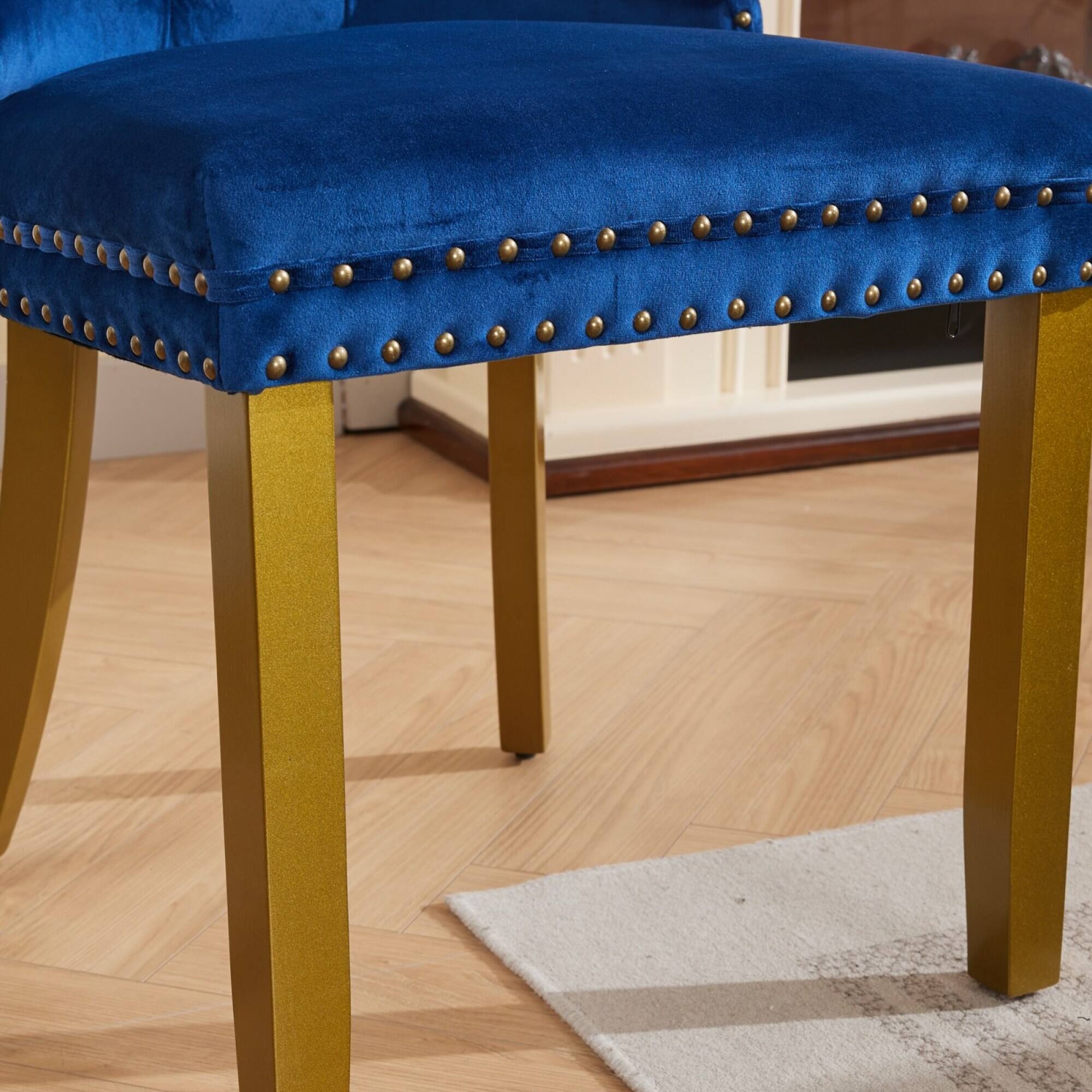 Alt View 10. GOODSILO - Modern Tufted Velvet Dining Chairs with Lion Head Pull Rings and Golden Wooden Legs, Set of 2 - Blue.