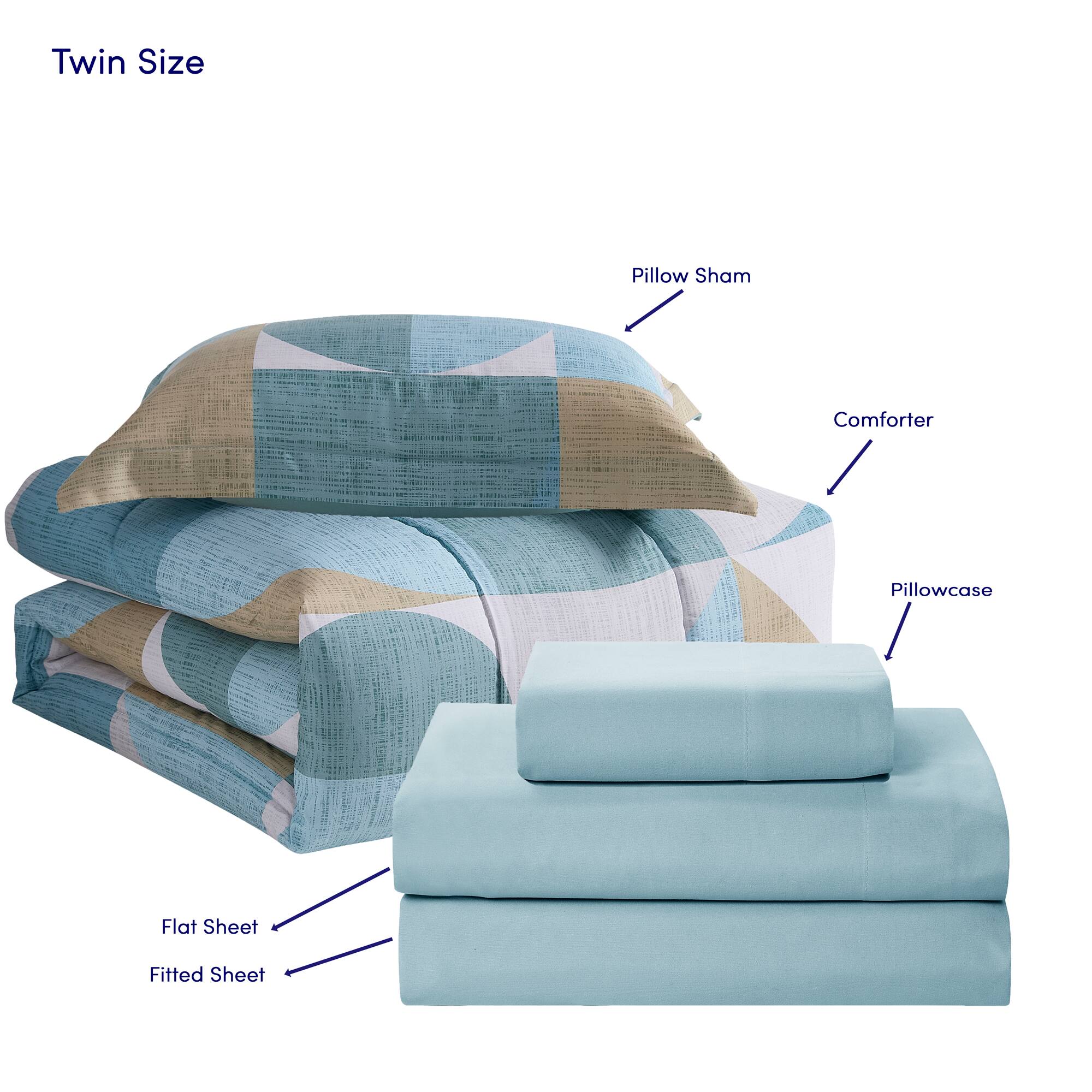 Twin Size

- Pillow Sham
- Comforter
- Pillowcase
- Flat Sheet
- Fitted Sheet