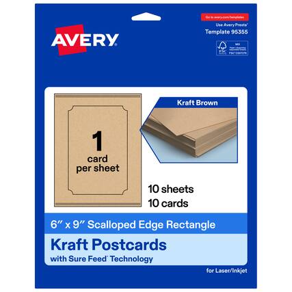 Go to avery.com/templates
Use Avery Presta™ Template 95355
Kraft Brown
1 card per sheet
10 sheets
10 cards
6" x 9" Scalloped Edge Rectangle Kraft Postcards with Sure Feed™ Technology for Laser/Inkjet