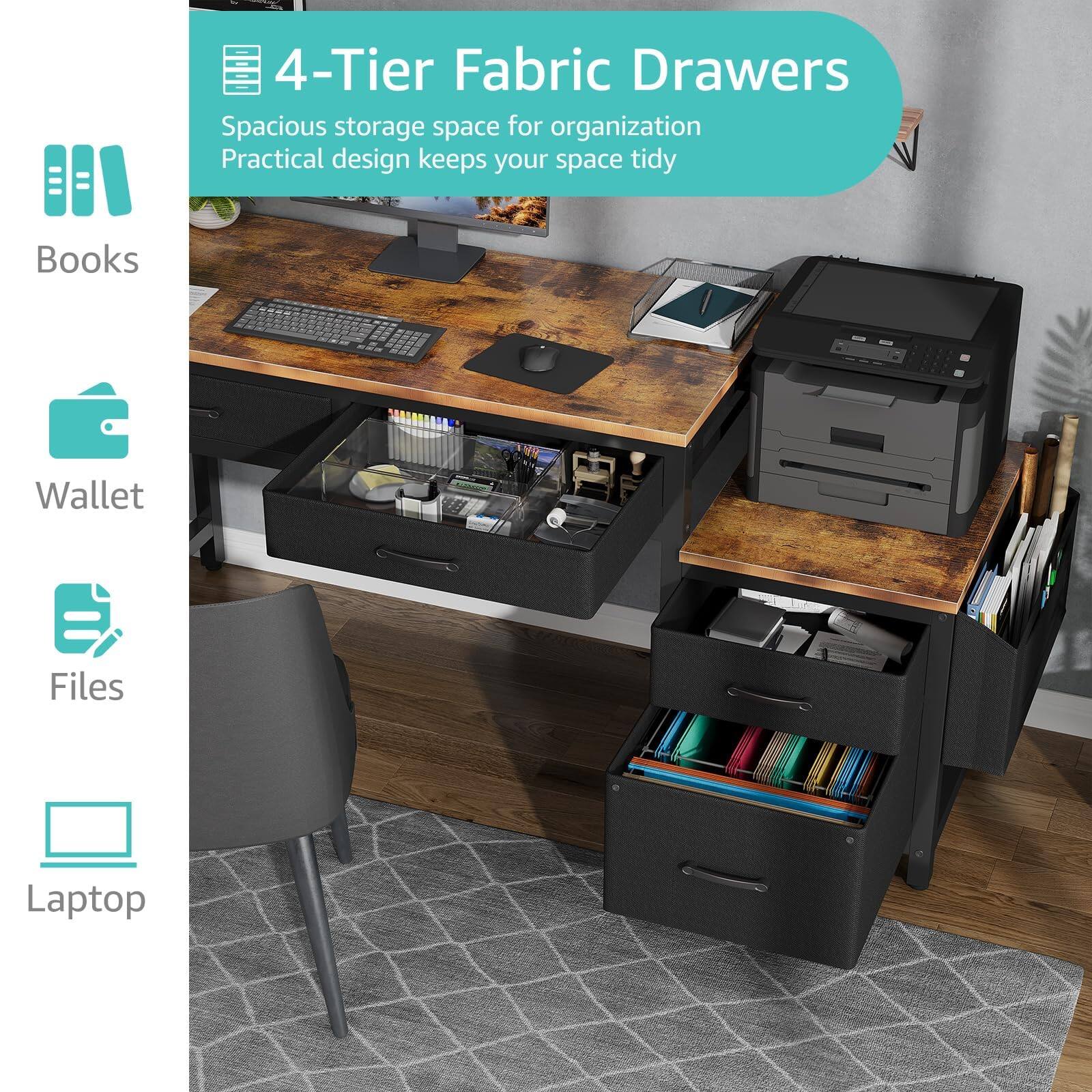 4-Tier Fabric Drawers  
Spacious storage space for organization  
Practical design keeps your space tidy  

Books  
Wallet  
Files  
Laptop