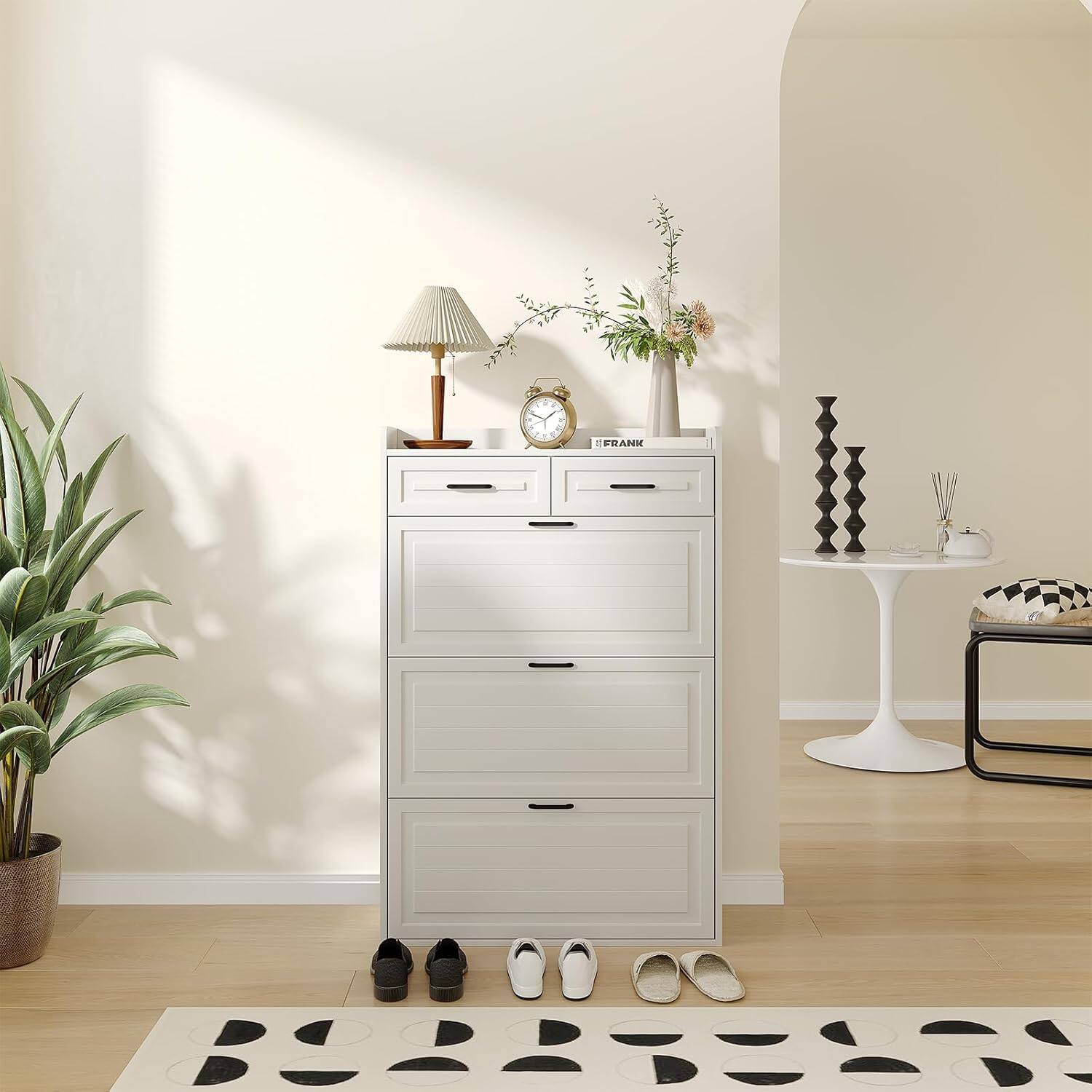 Front. Acekool - Shoe Storage Cabinet with 3 Flip Drawers and 2 Drawers Narrow Hidden Wood Shoe Organizer White - White.