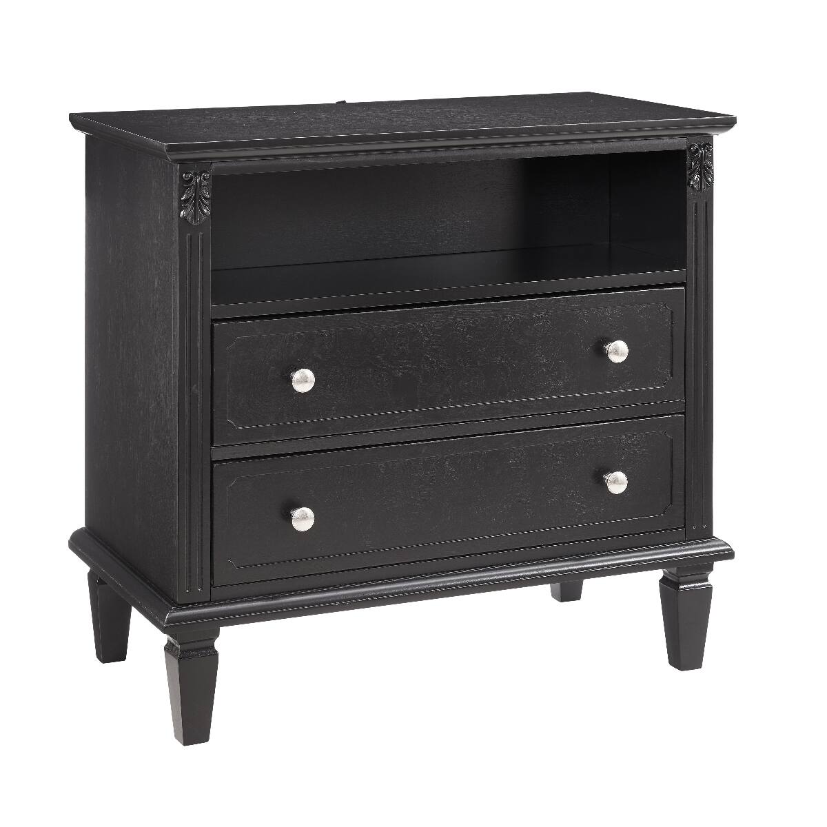 Alt View 4. Loheer - Loheer Black Nightstand With Charging Station, Two Drawers and Open Shelf - Black.