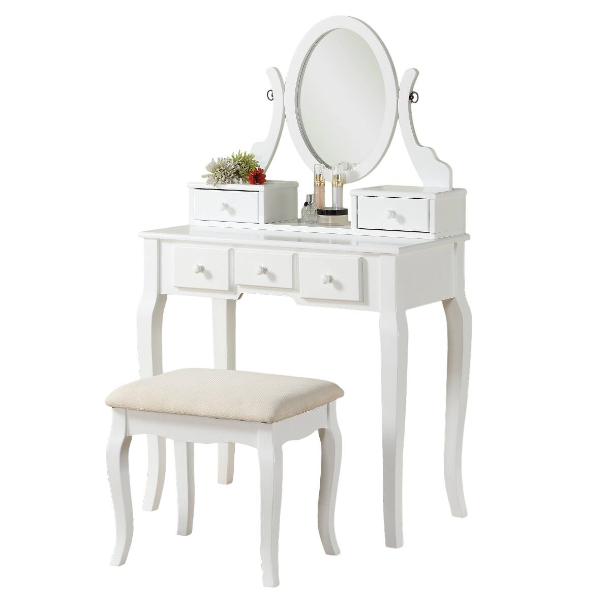 Loheer Wooden Makeup Vanity Set with Adjustable Oval Mirror and Stool ...