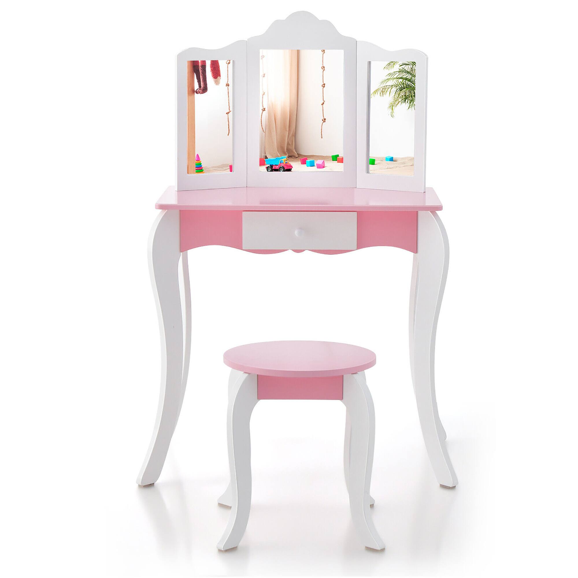 Alt View 8. Gymax - Gymax Kid Vanity Table and Chair Detachable Tri-Folding Mirror Pretend Play Makeup Set - Pink, White.