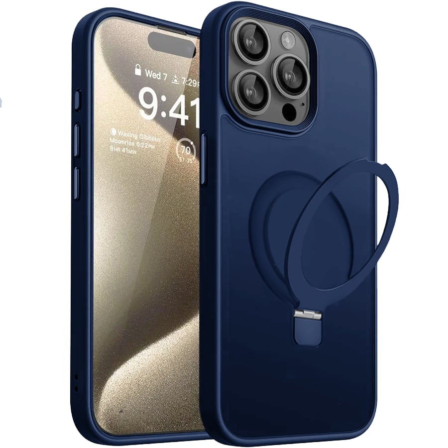 Entronix - [Magnetic] Case for iPhone 15 Pro Max - Translucent Frosted Matte Gripstand - Navy Blue