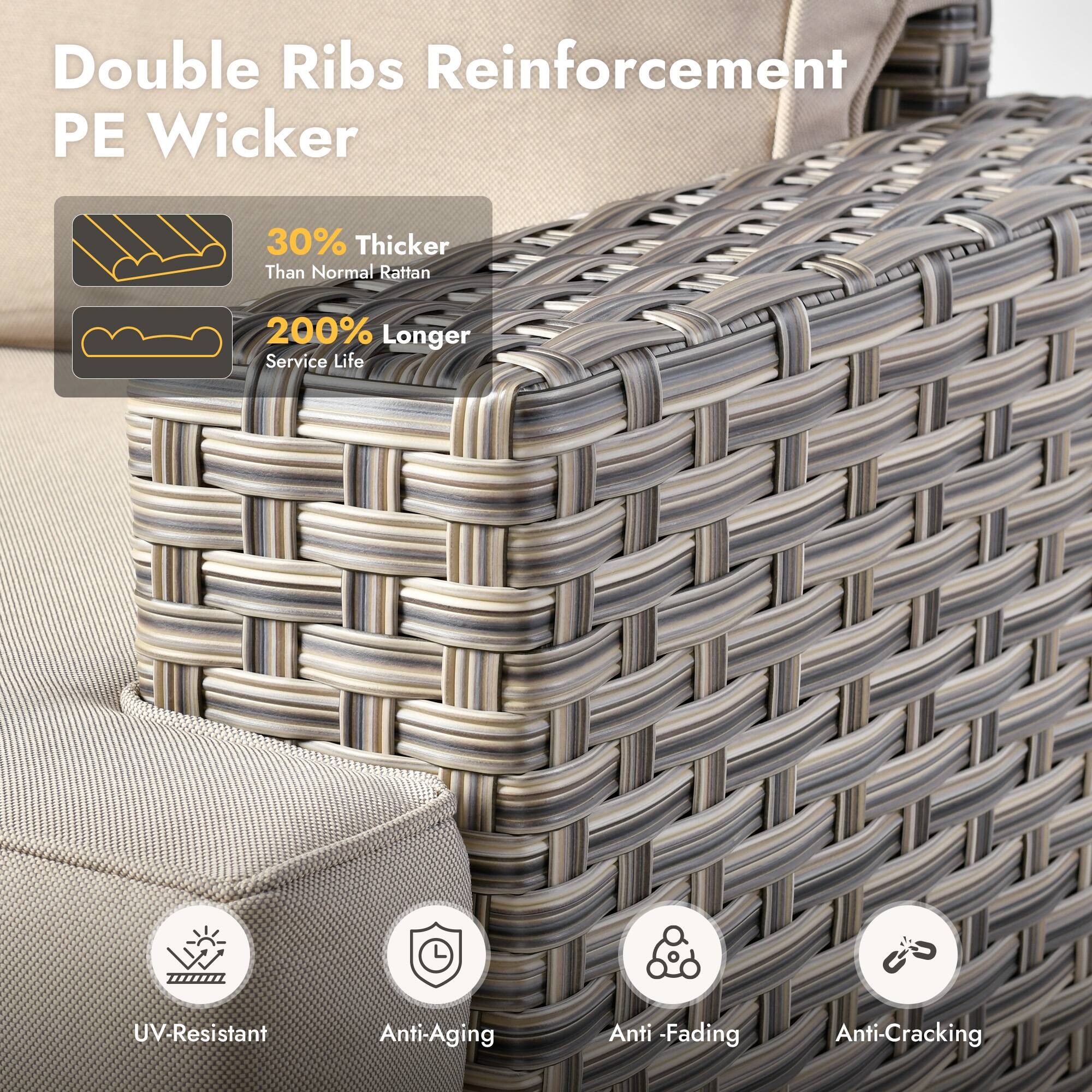 Double Ribs Reinforcement PE Wicker

- 30% Thicker Than Normal Rattan
- 200% Longer Service Life

Features:
- UV-Resistant
- Anti-Aging
- Anti-Fading
- Anti-Cracking