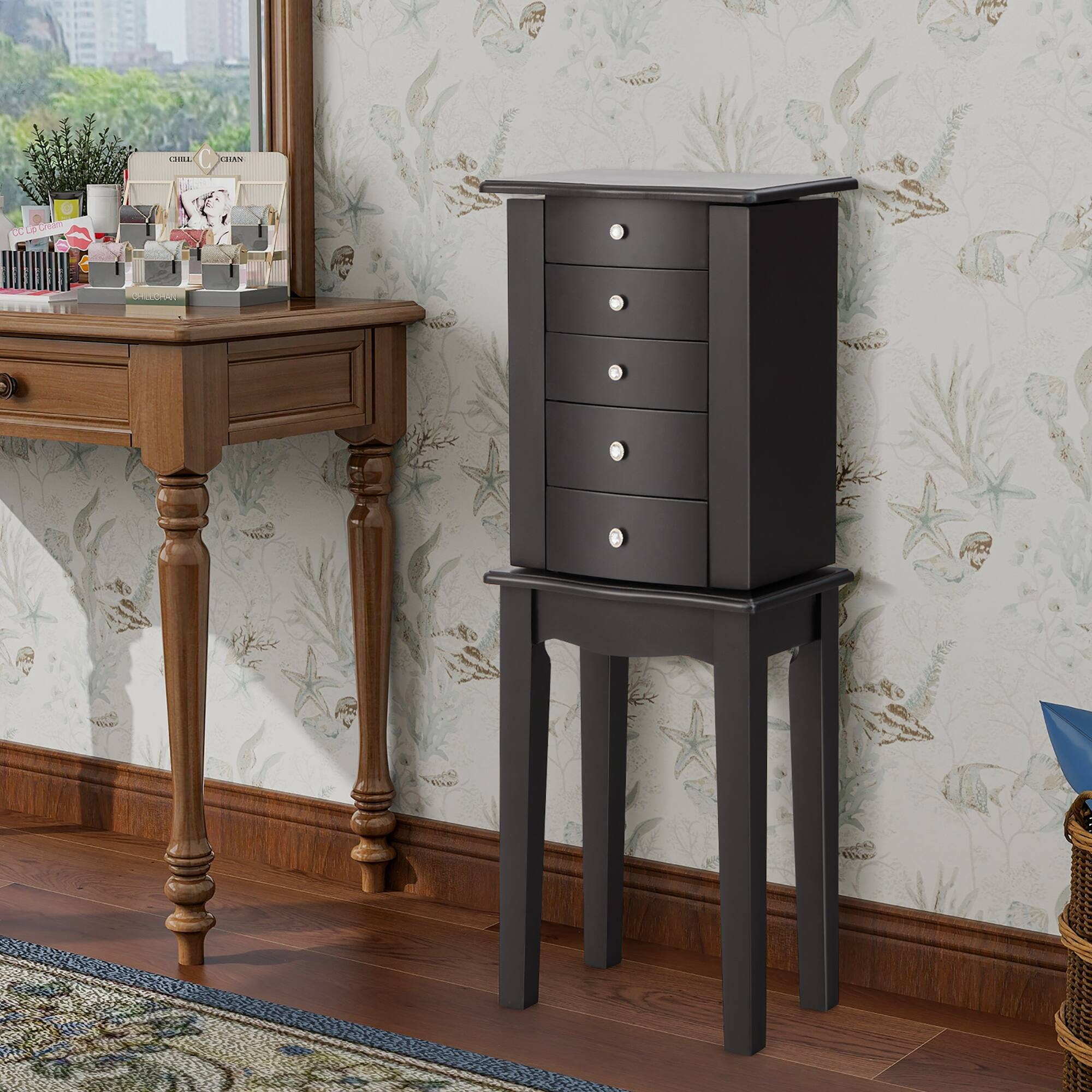 Alt View 1. Gymax - Gymax Jewelry Armoire w/ Top Flip Mirror Standing Jewelry Chest w/ 4 Drawers Black - Black.