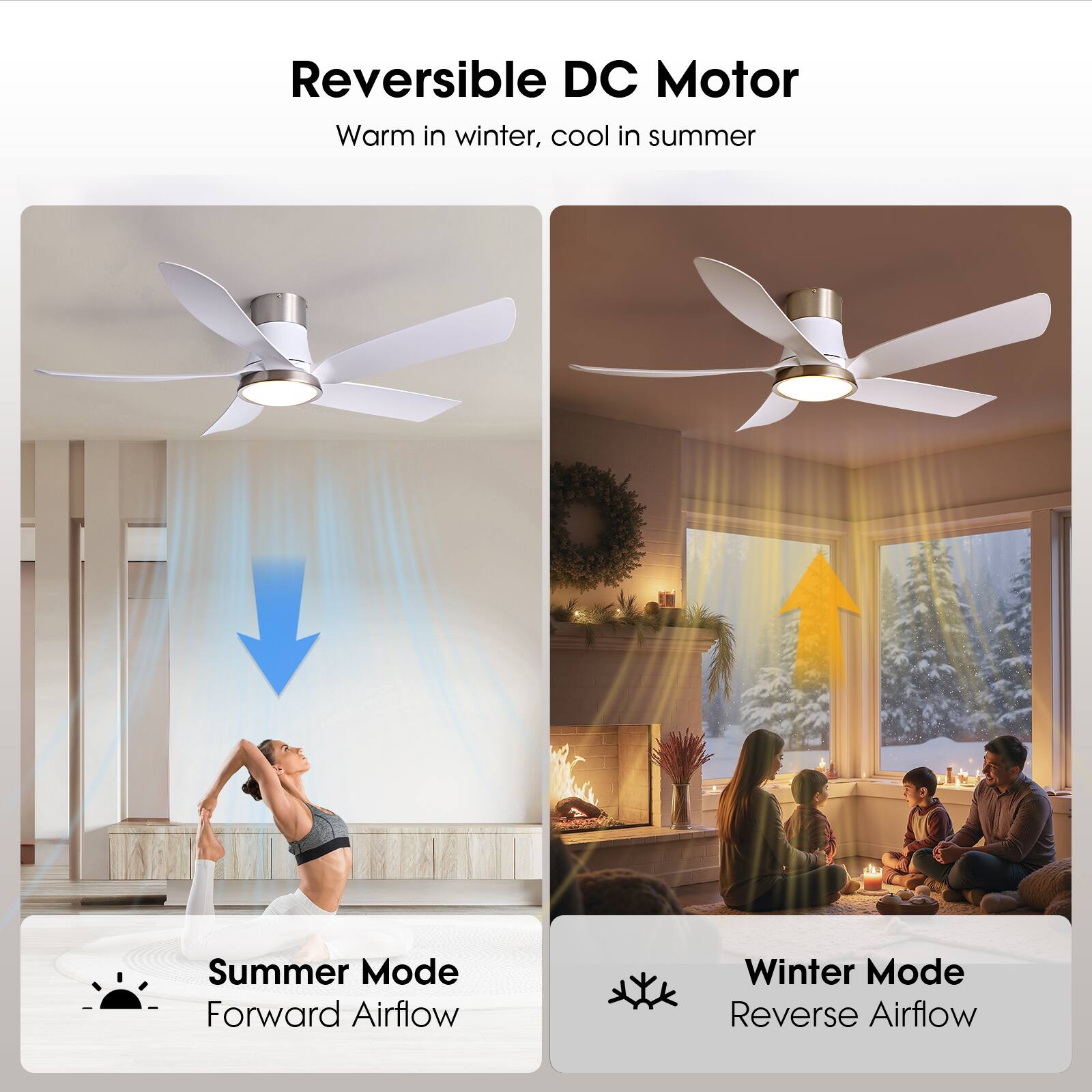 Reversible DC Motor  
Warm in winter, cool in summer  

Summer Mode  
Forward Airflow  

Winter Mode  
Reverse Airflow