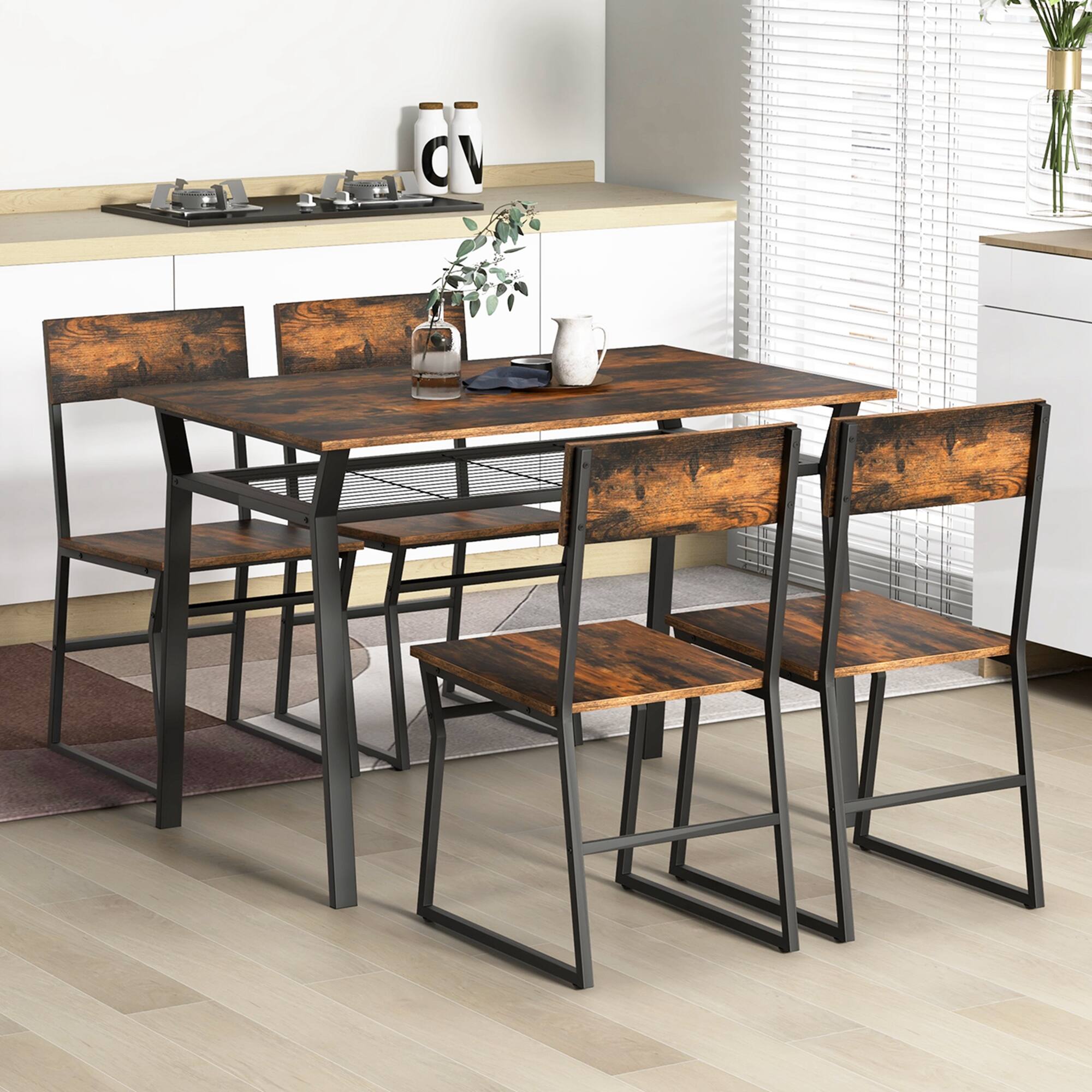 Angle. Costway - 5 Piece Dining Table Set Industrial Rectangular Kitchen Table with 4 Chairs Brown - Brown.