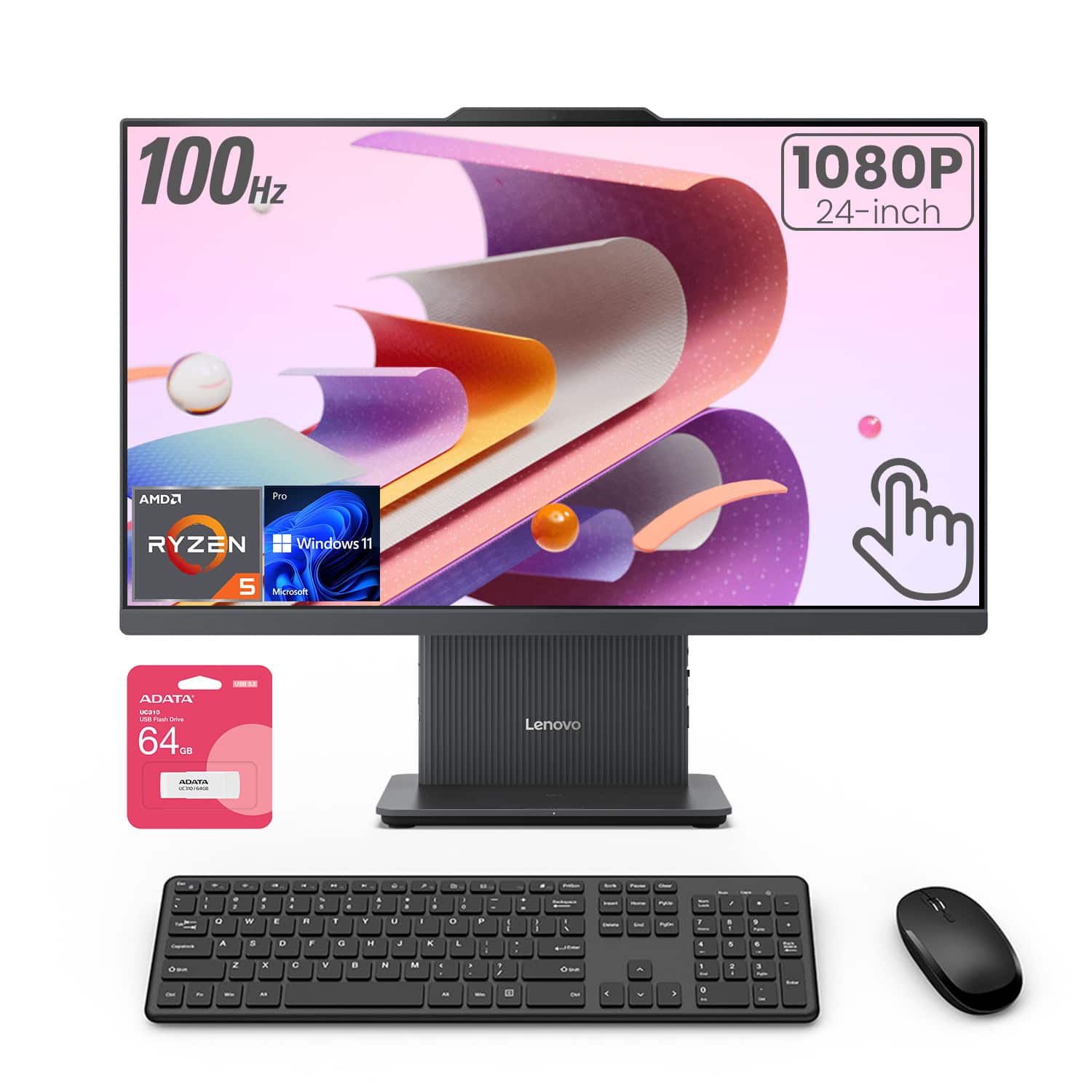 Lenovo - Upgraded - IdeaCentre 24" FHD All-in-One - AMD Ryzen 5 7535HS - 16GB RAM 2TB SSD - Wireless K & M - Adata 64GB USB Drive - Black