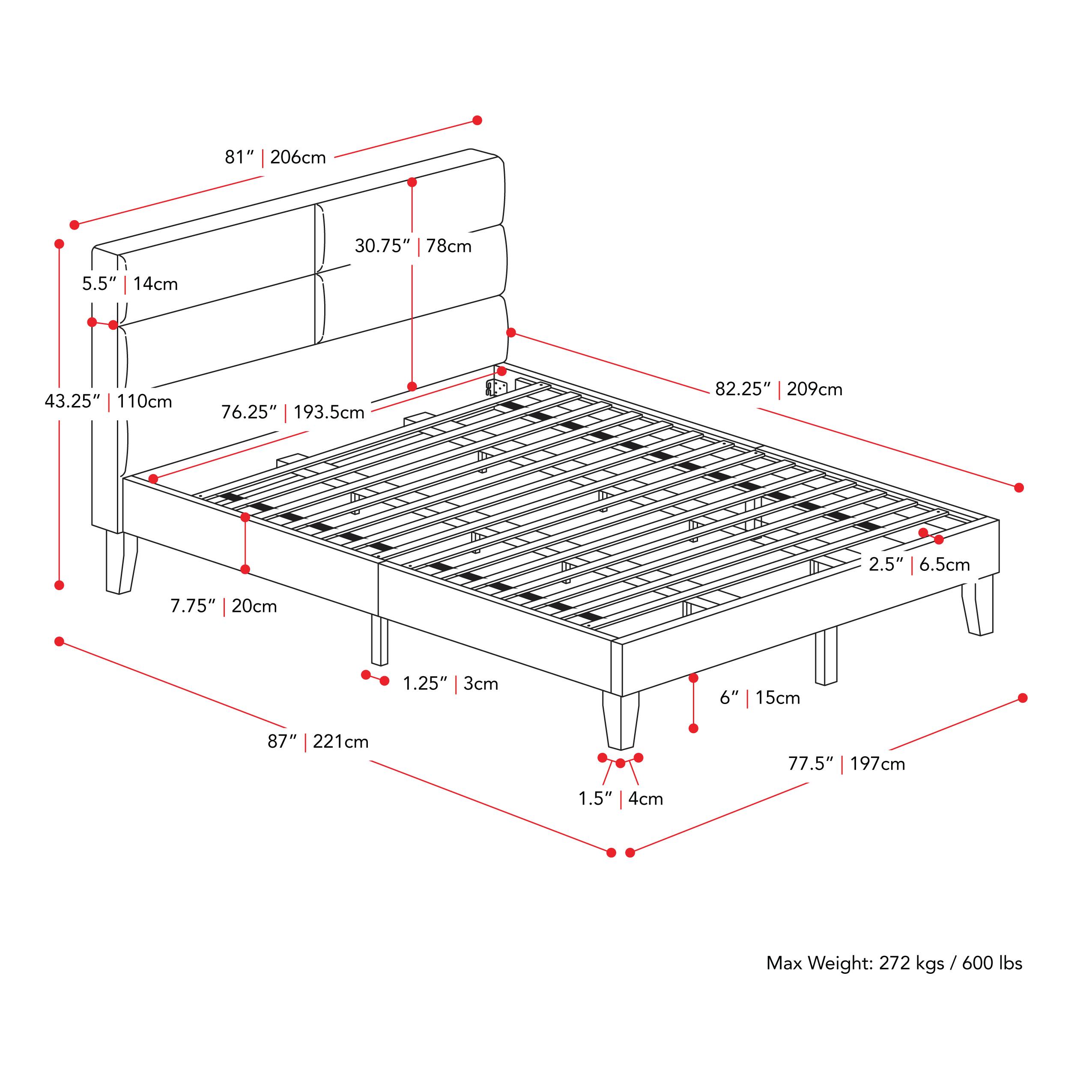 81" 206cm, 30.75" 78cm, 5.5" 14cm, 43.25" 110cm, 76.25" 193.5cm, 82.25" 209cm, 2.5" 6.5cm, 7.75" 20cm, 1.25" 3cm, 6" 15cm, 87" 221cm, 77.5" 197cm, 1.5" 4cm, Max Weight: 272 kgs/600 lbs