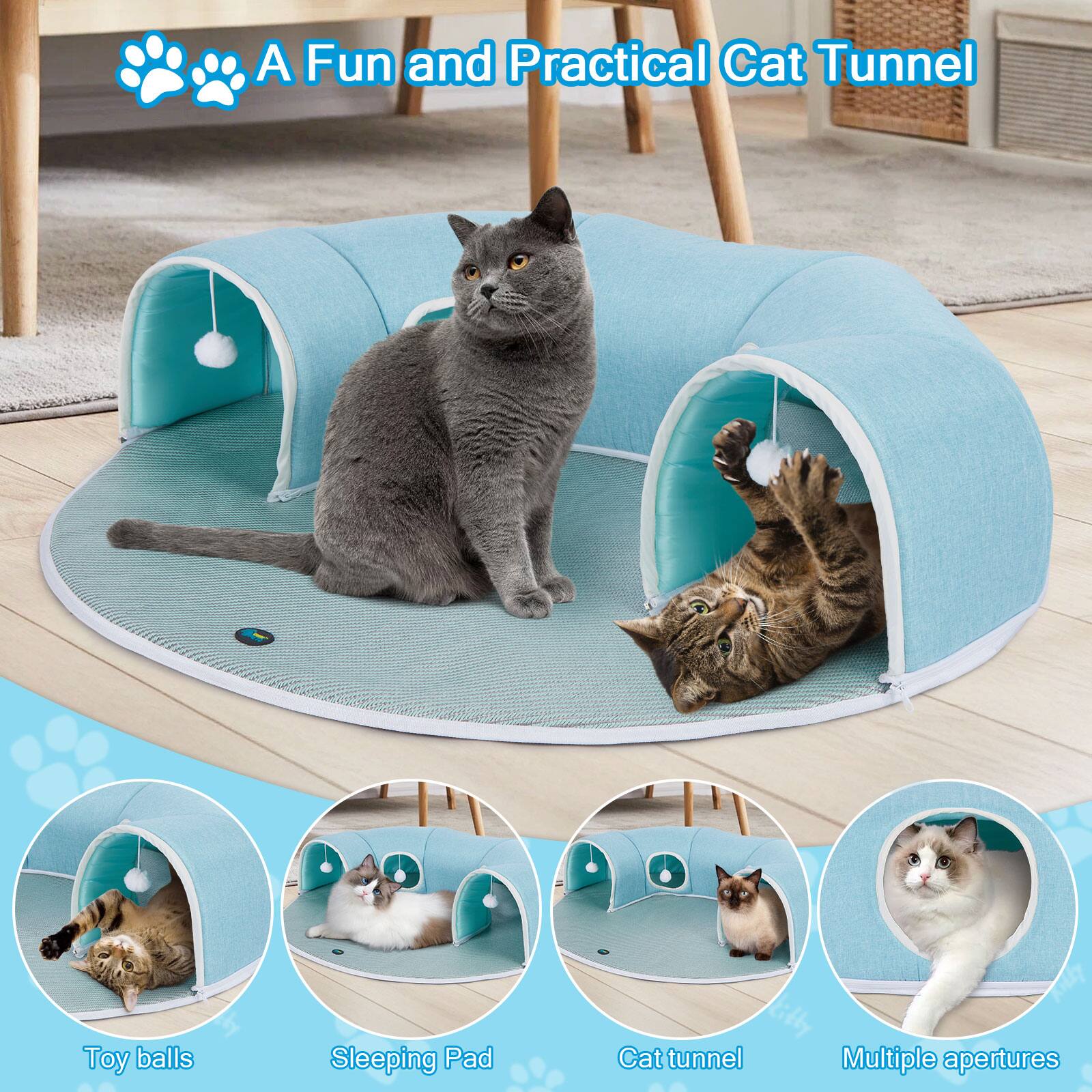 A Fun and Practical Cat Tunnel

Toy balls
Sleeping Pad
Cat tunnel
Multiple apertures
