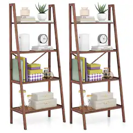 Gymax - 2 PCS 4-Tier Bamboo Ladder Bookshelf 58'' Display Shelf Storage Rack Plant Flower Stand - Walnut