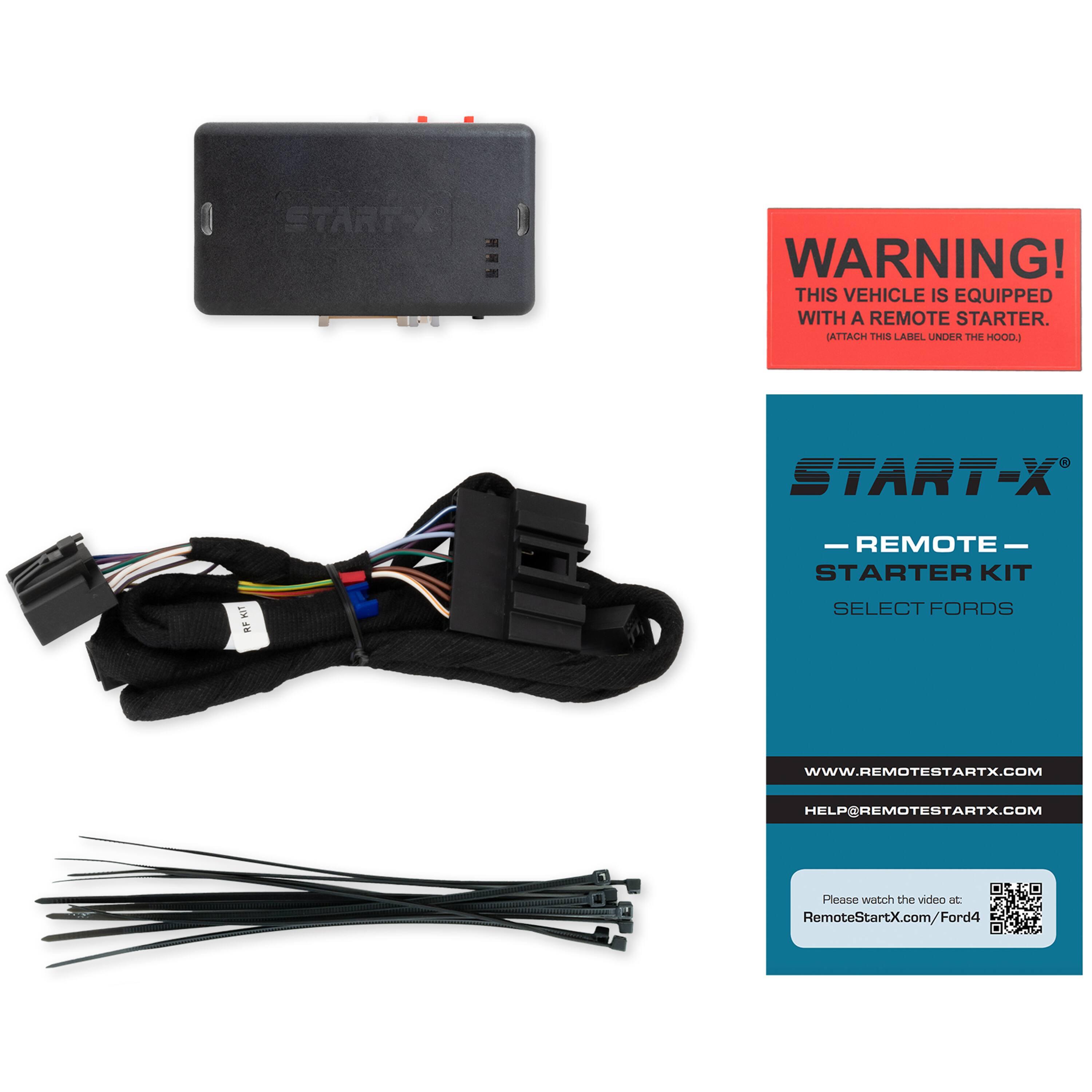 1. STARTX - WARNING! THIS VEHICLE IS EQUIPPED WITH A REMOTE STARTER. ATTACH THIS LABEL UNDER THE HOOD.
2. START-X - REMOTE STARTER KIT SELECT FORDS
3. WWW.REMOTESTARTX.COM
4. HELP@REMOTESTARTX.COM
5. Please watch the video at RemoteStartX.com/Ford4